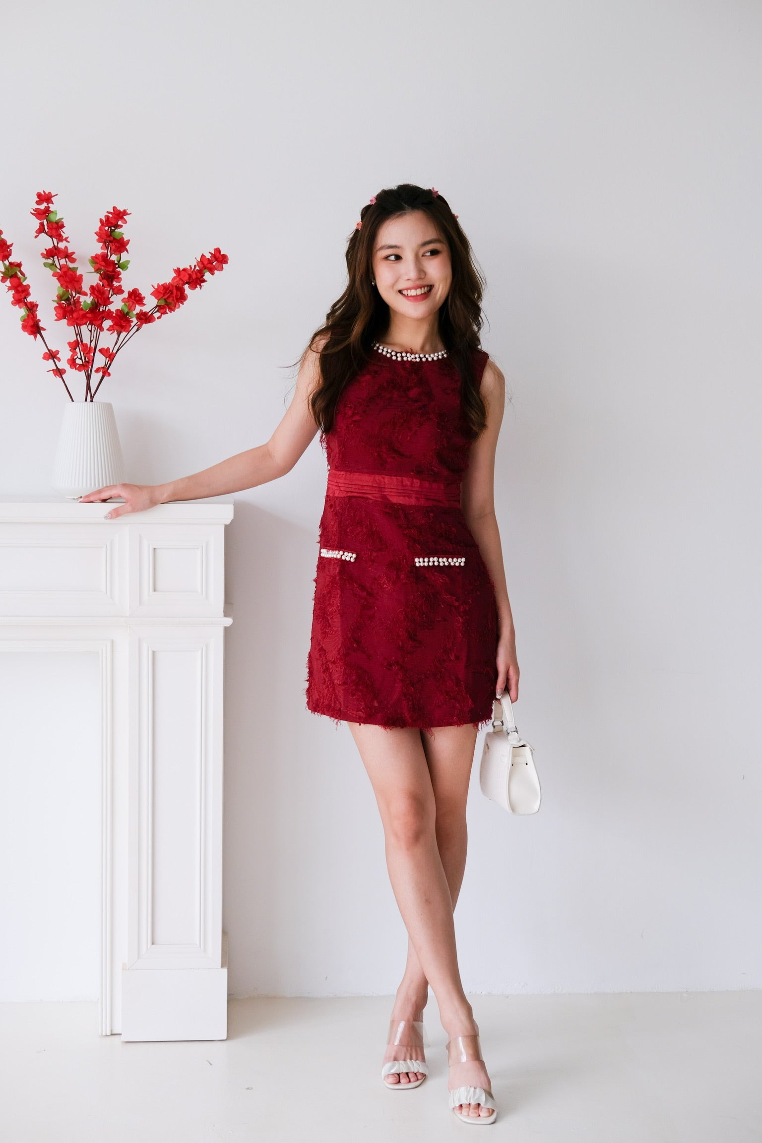 Gleam Glam Tweed Dress (Maroon)