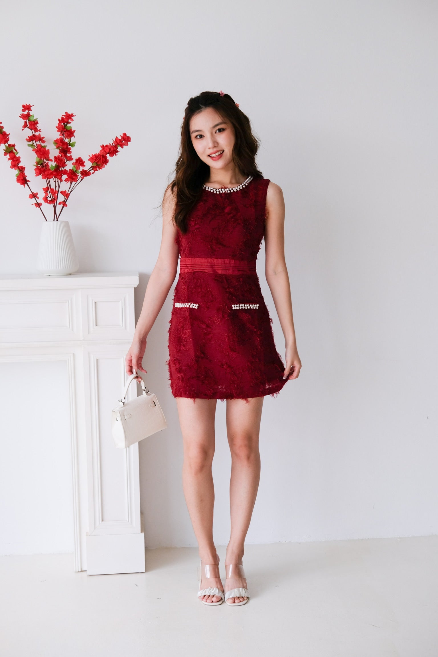 Gleam Glam Tweed Dress (Maroon)