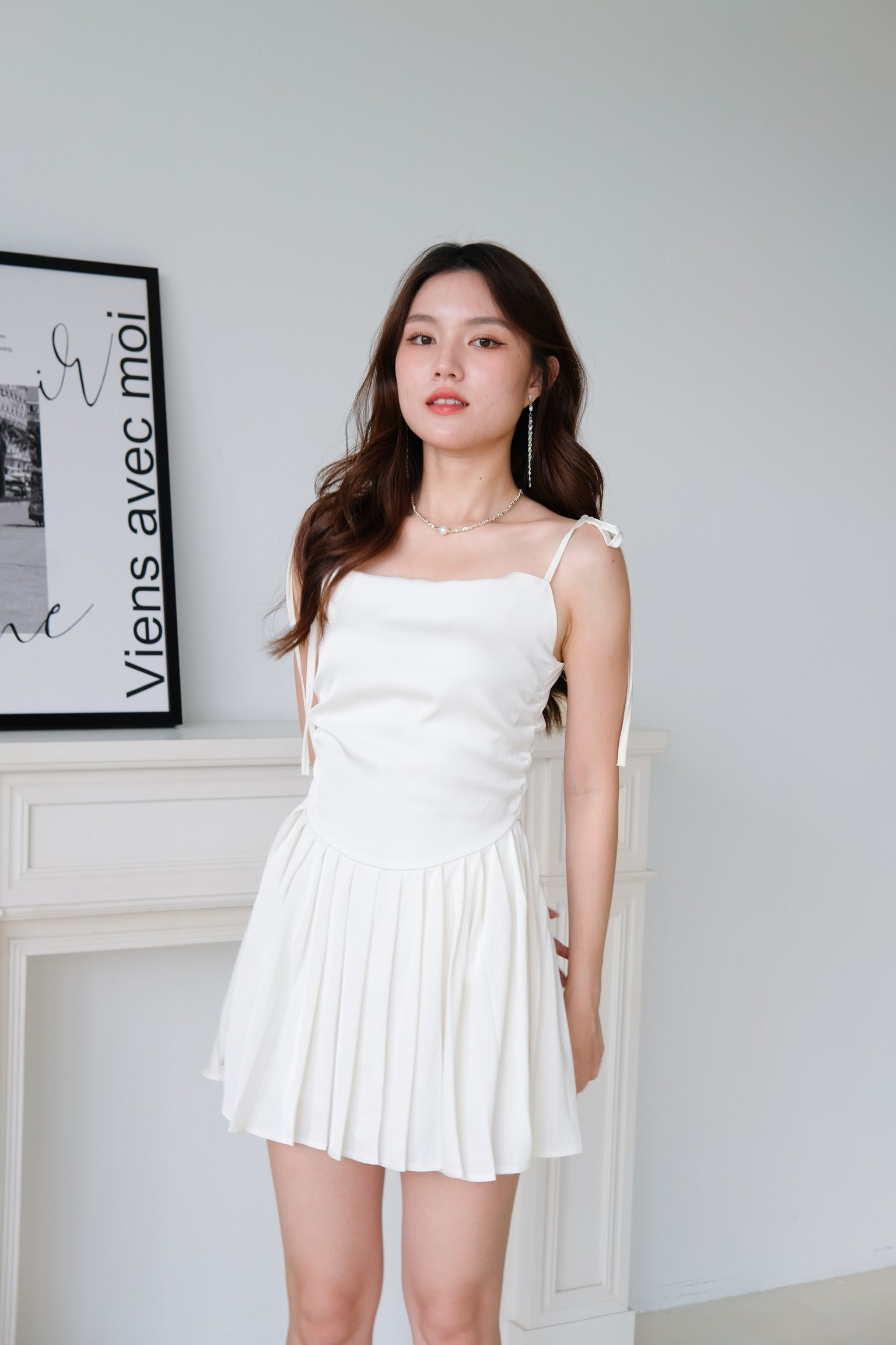 Quinta Cowl Satin Pleated Dress (Pearl White)