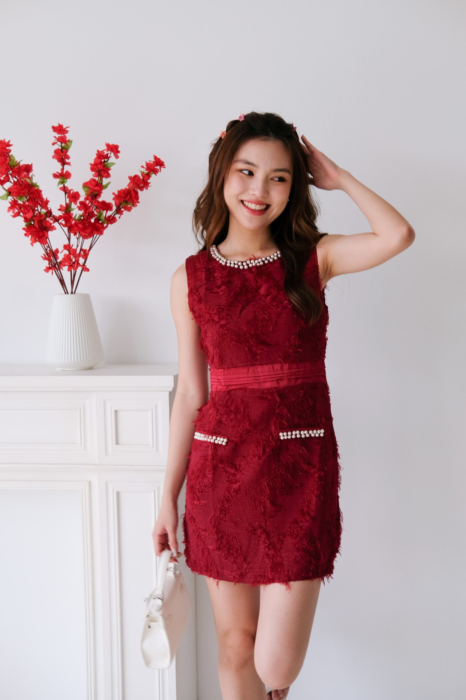 Gleam Glam Tweed Dress (Maroon)