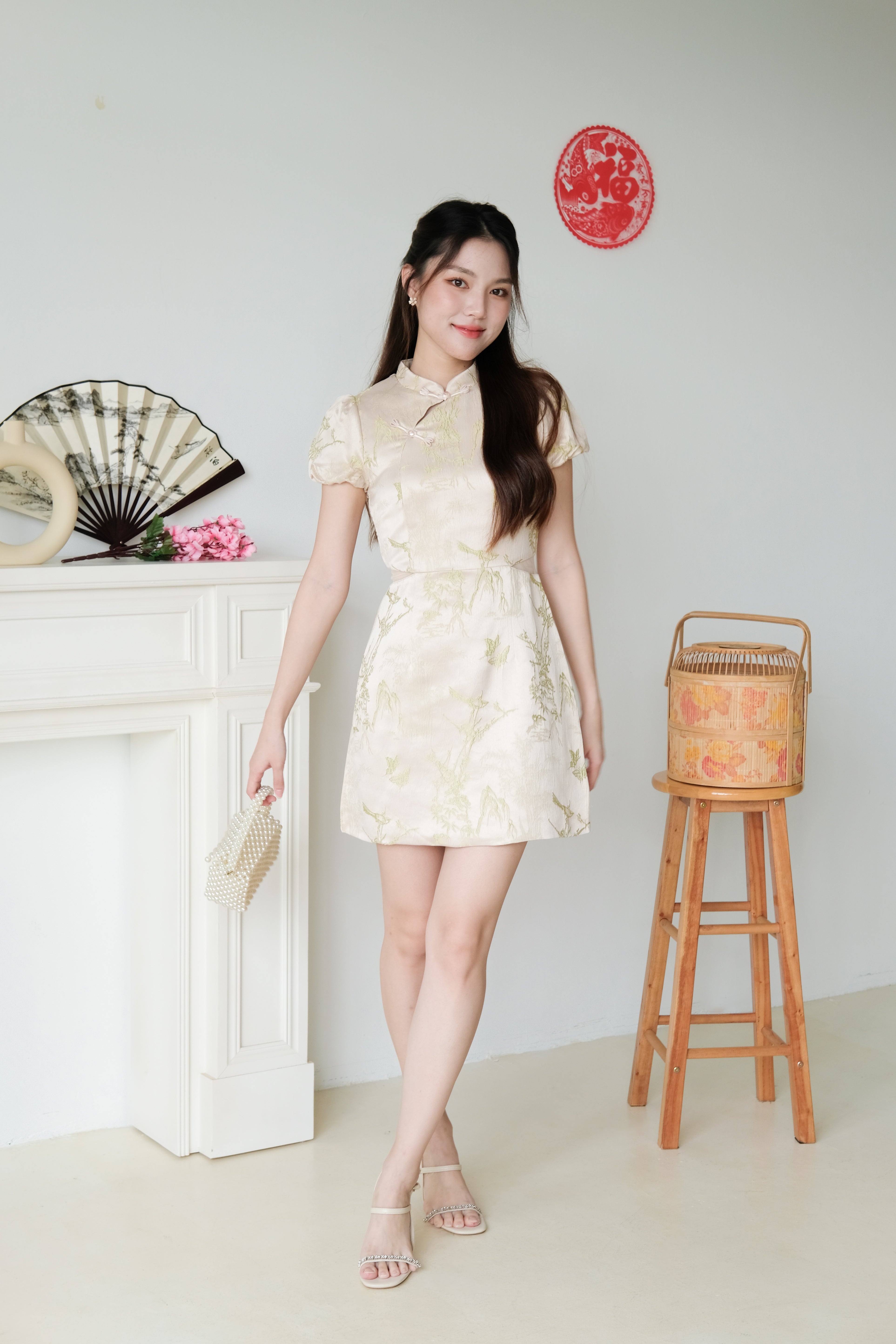 Yan Ru Mesh Cut Out Satin Cheongsam (Champagne)