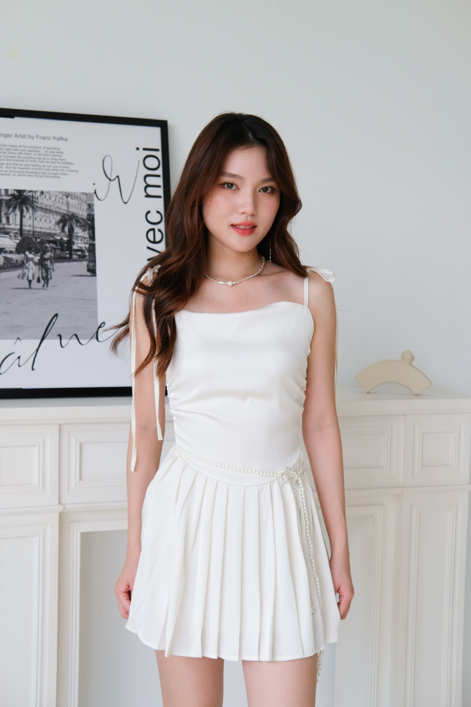 Quinta Cowl Satin Pleated Dress (Pearl White)