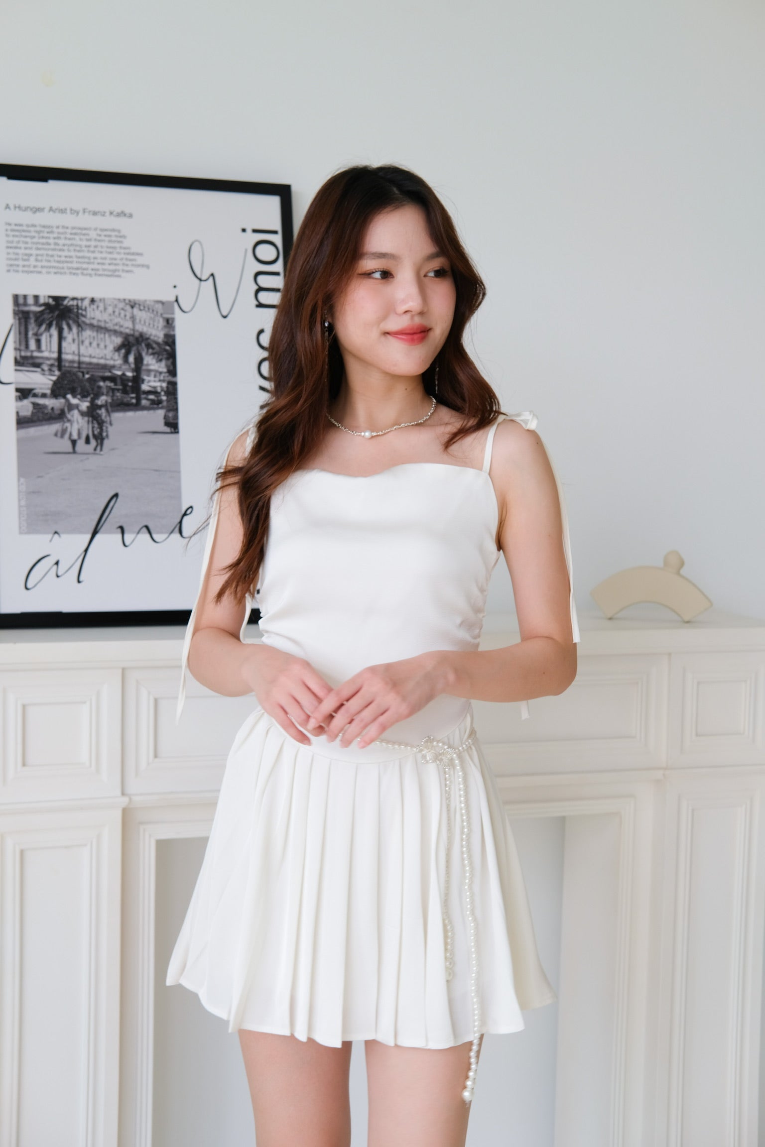 Quinta Cowl Satin Pleated Dress (Pearl White)