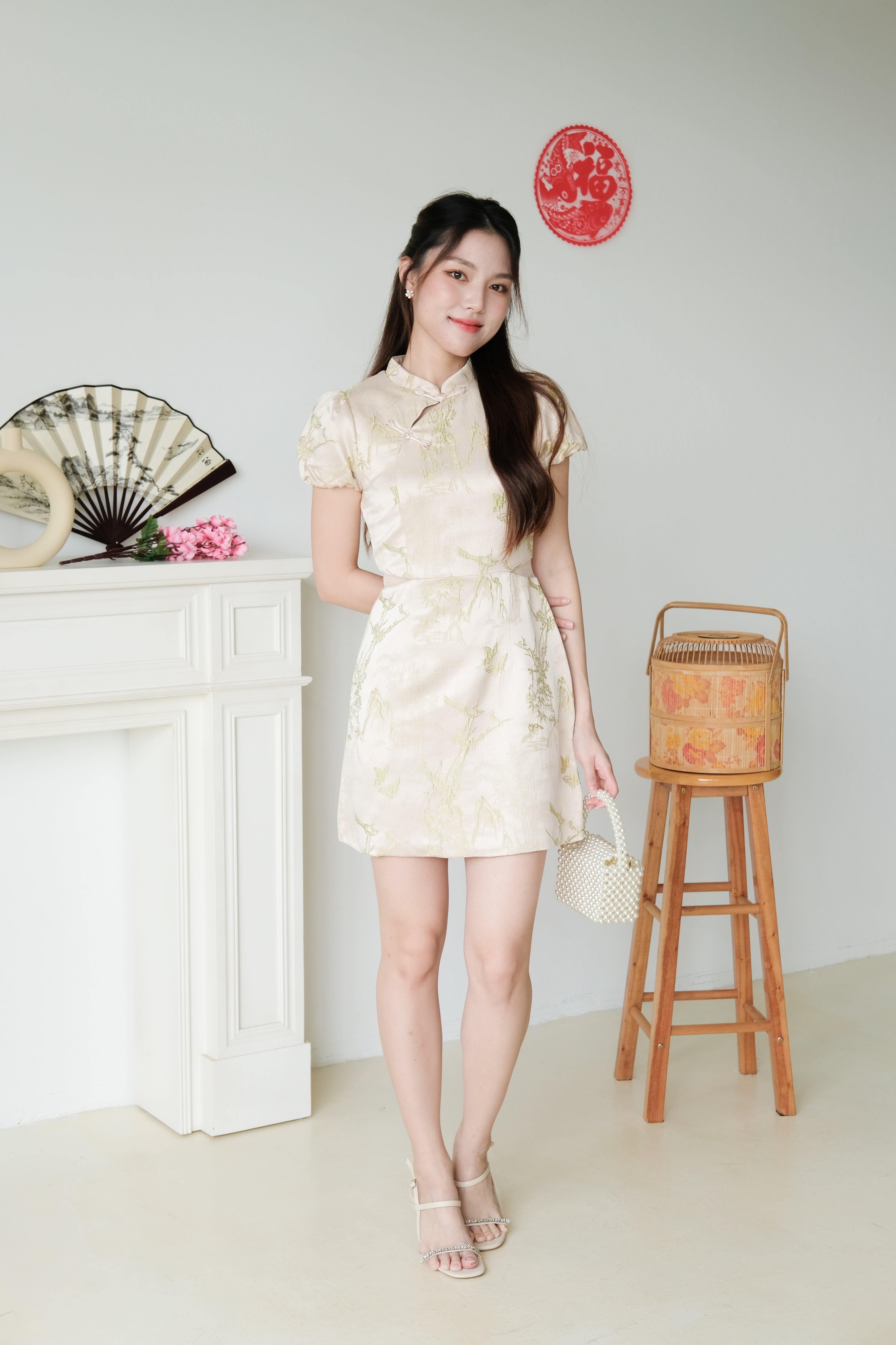 Yan Ru Mesh Cut Out Satin Cheongsam (Champagne)