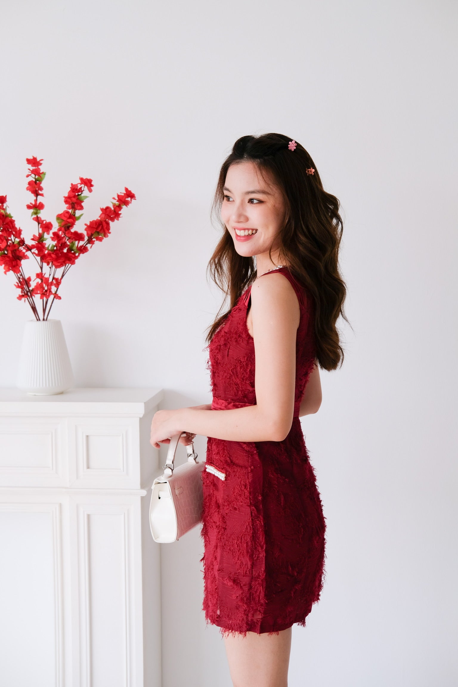 Gleam Glam Tweed Dress (Maroon)