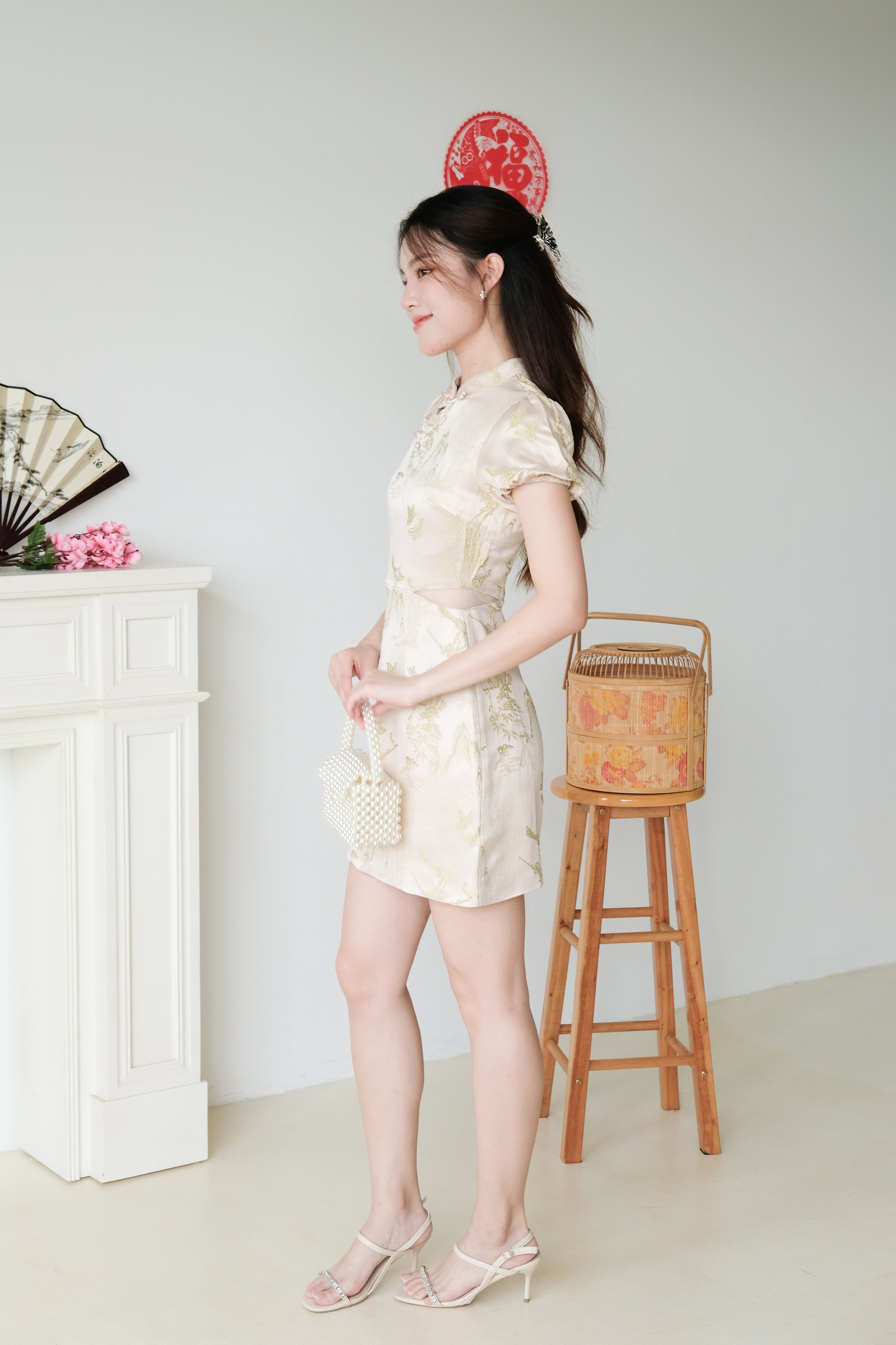 Yan Ru Mesh Cut Out Satin Cheongsam (Champagne)