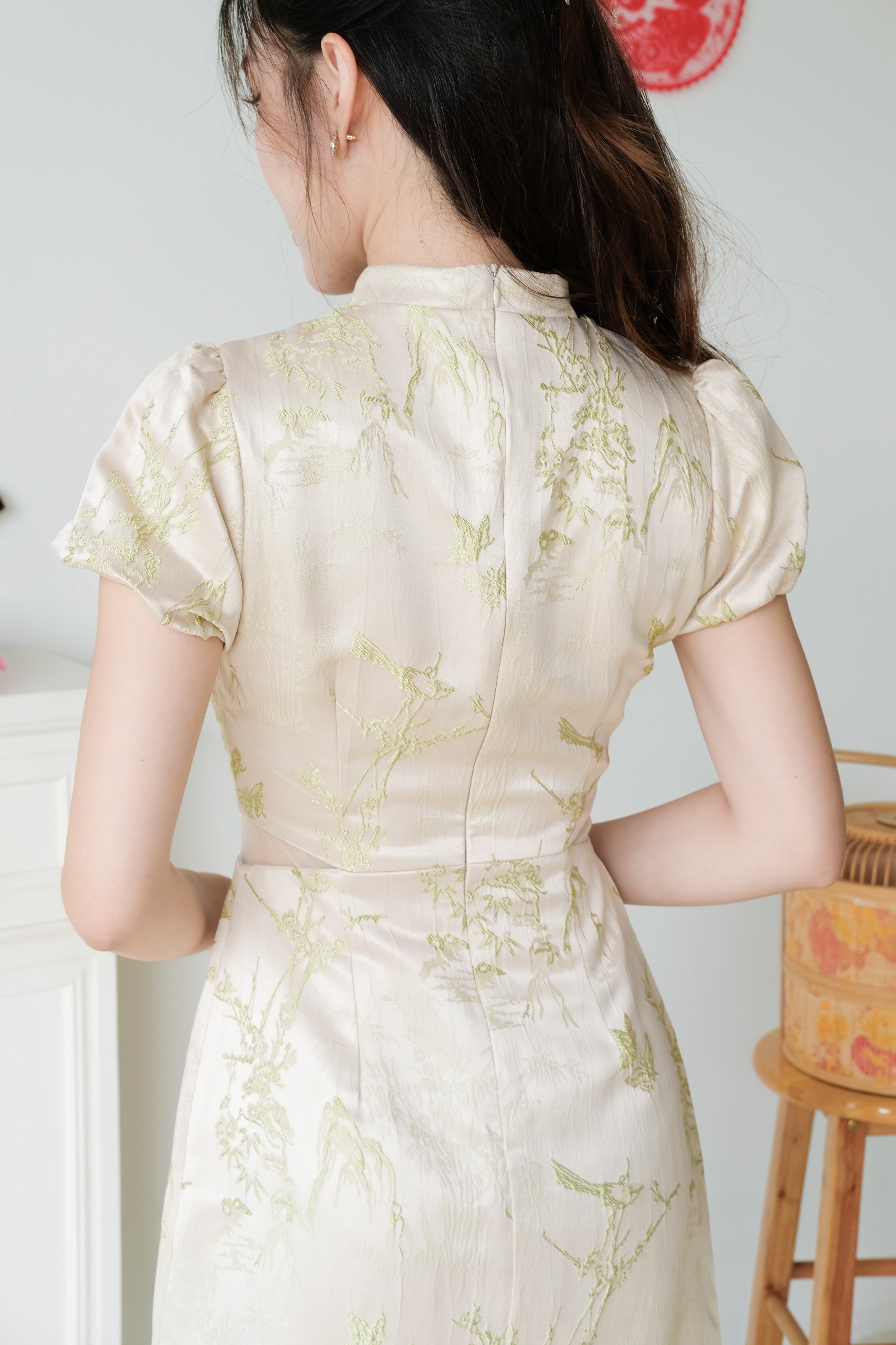 Yan Ru Mesh Cut Out Satin Cheongsam (Champagne)