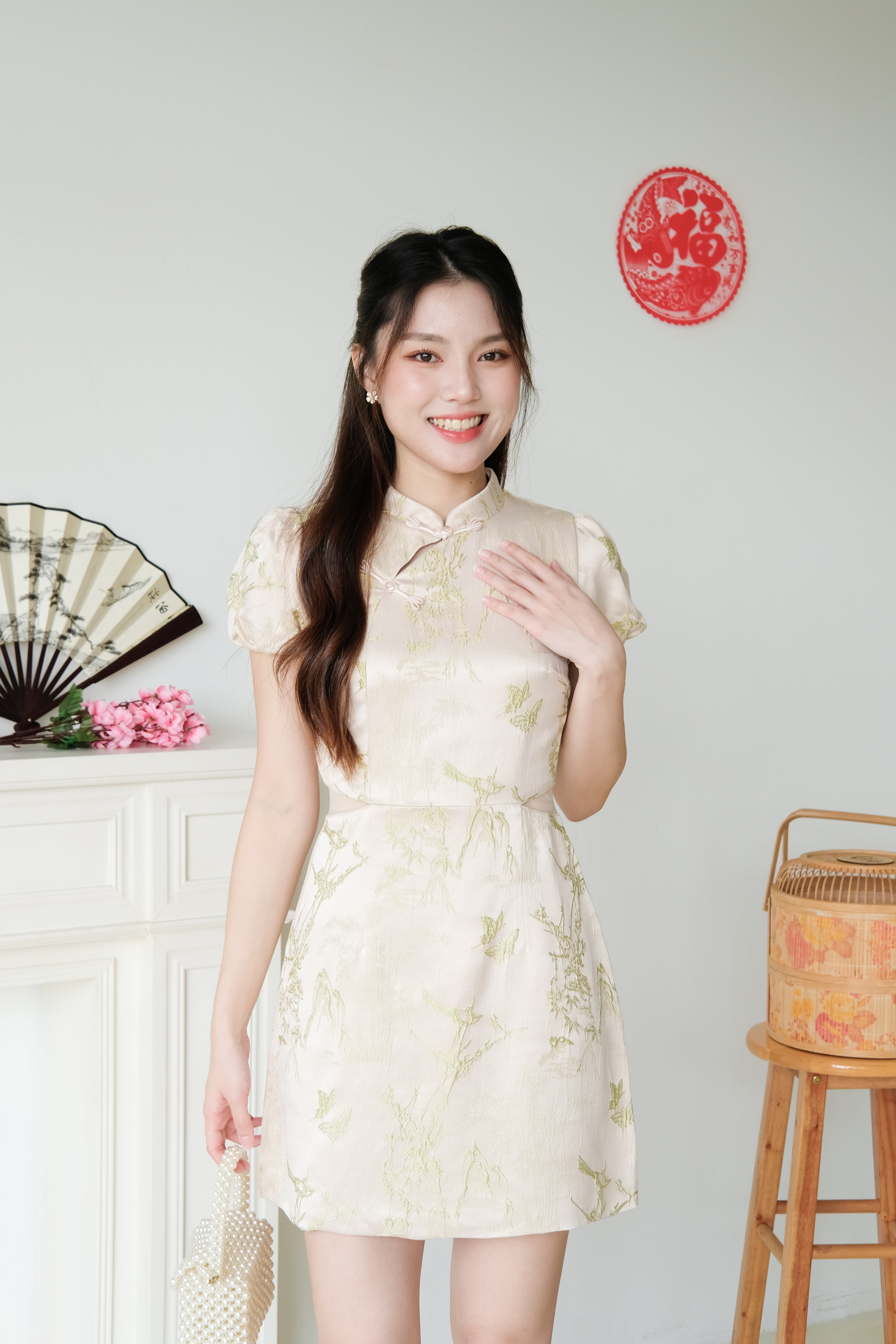 Yan Ru Mesh Cut Out Satin Cheongsam (Champagne)