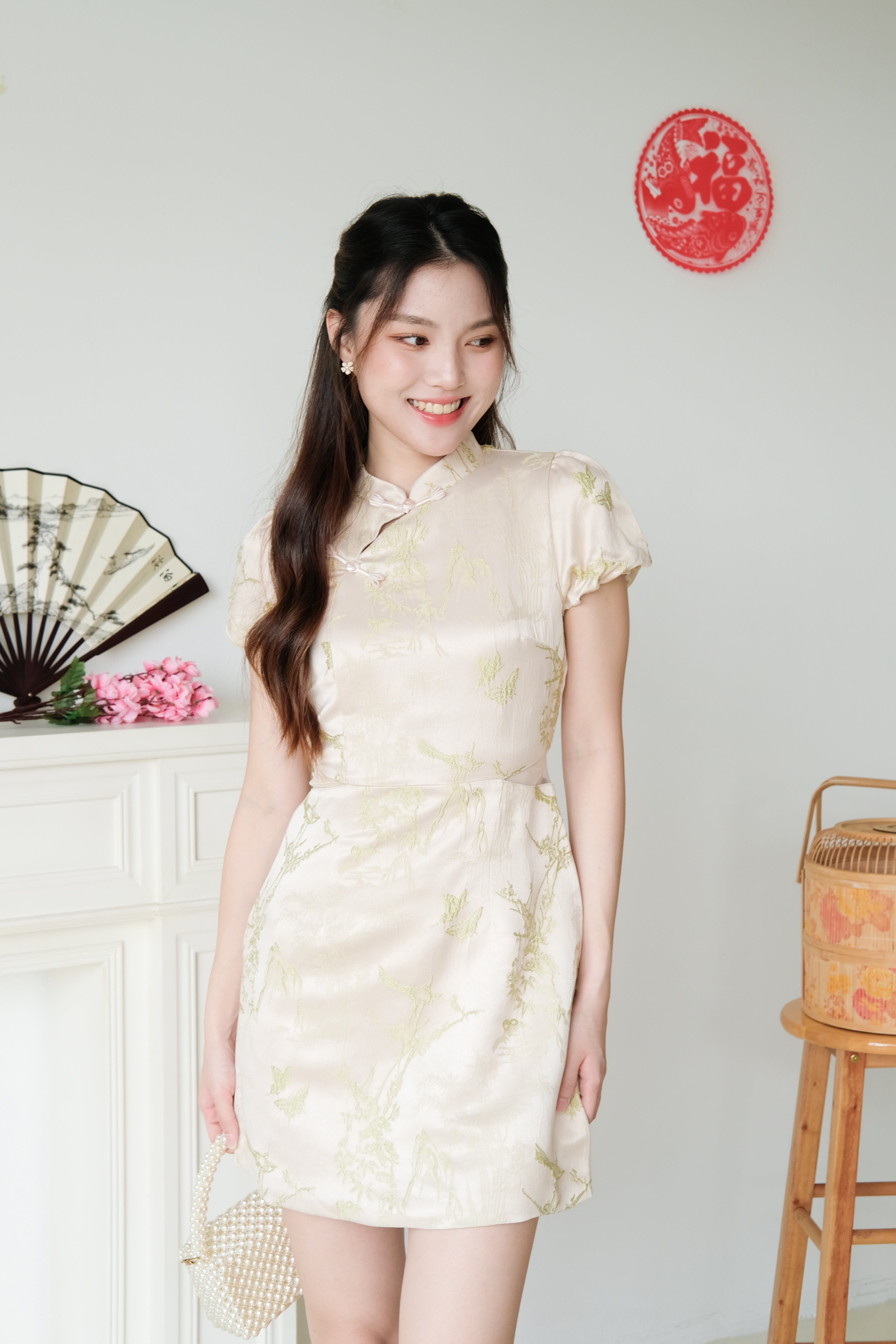 Yan Ru Mesh Cut Out Satin Cheongsam (Champagne)