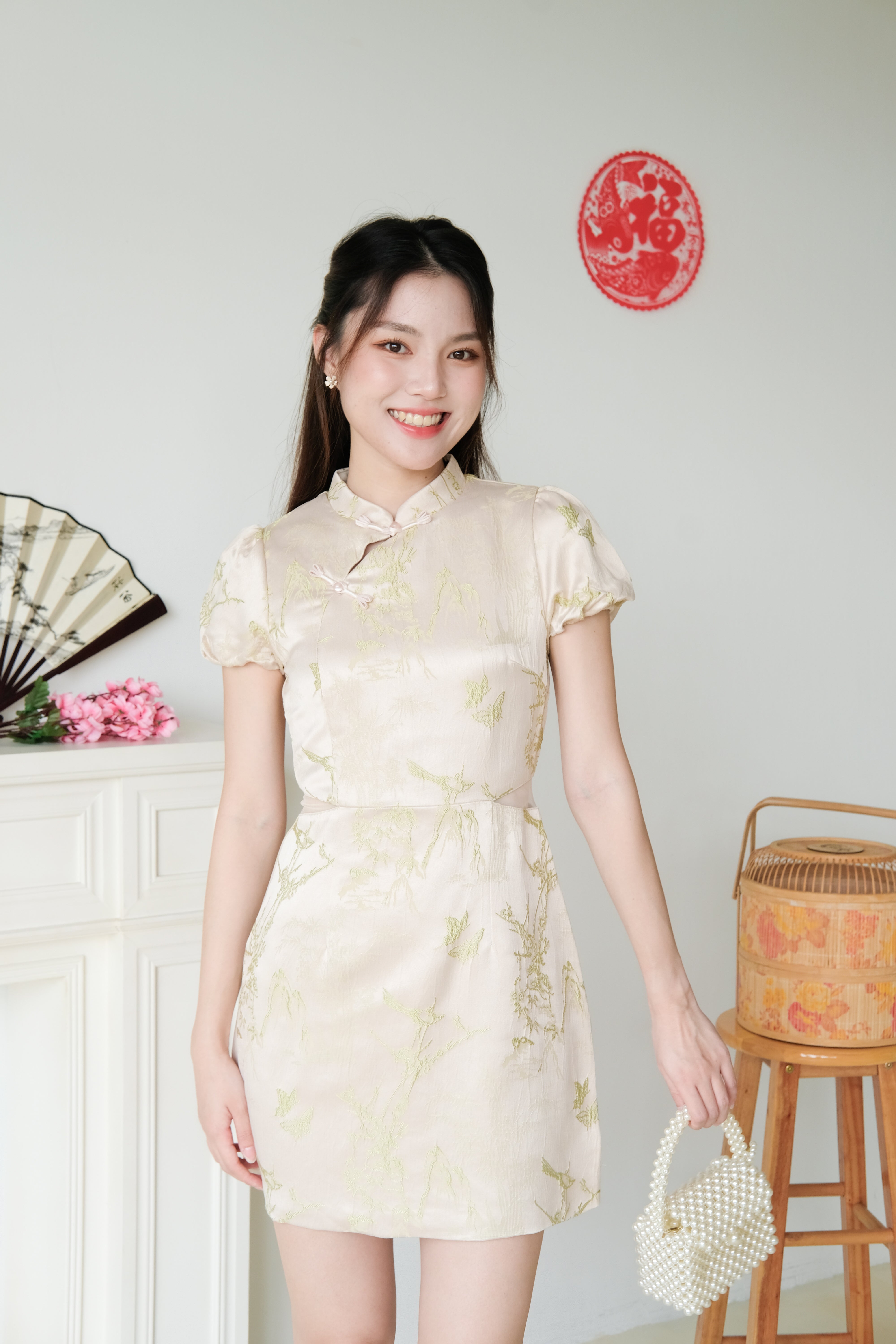 Yan Ru Mesh Cut Out Satin Cheongsam (Champagne)