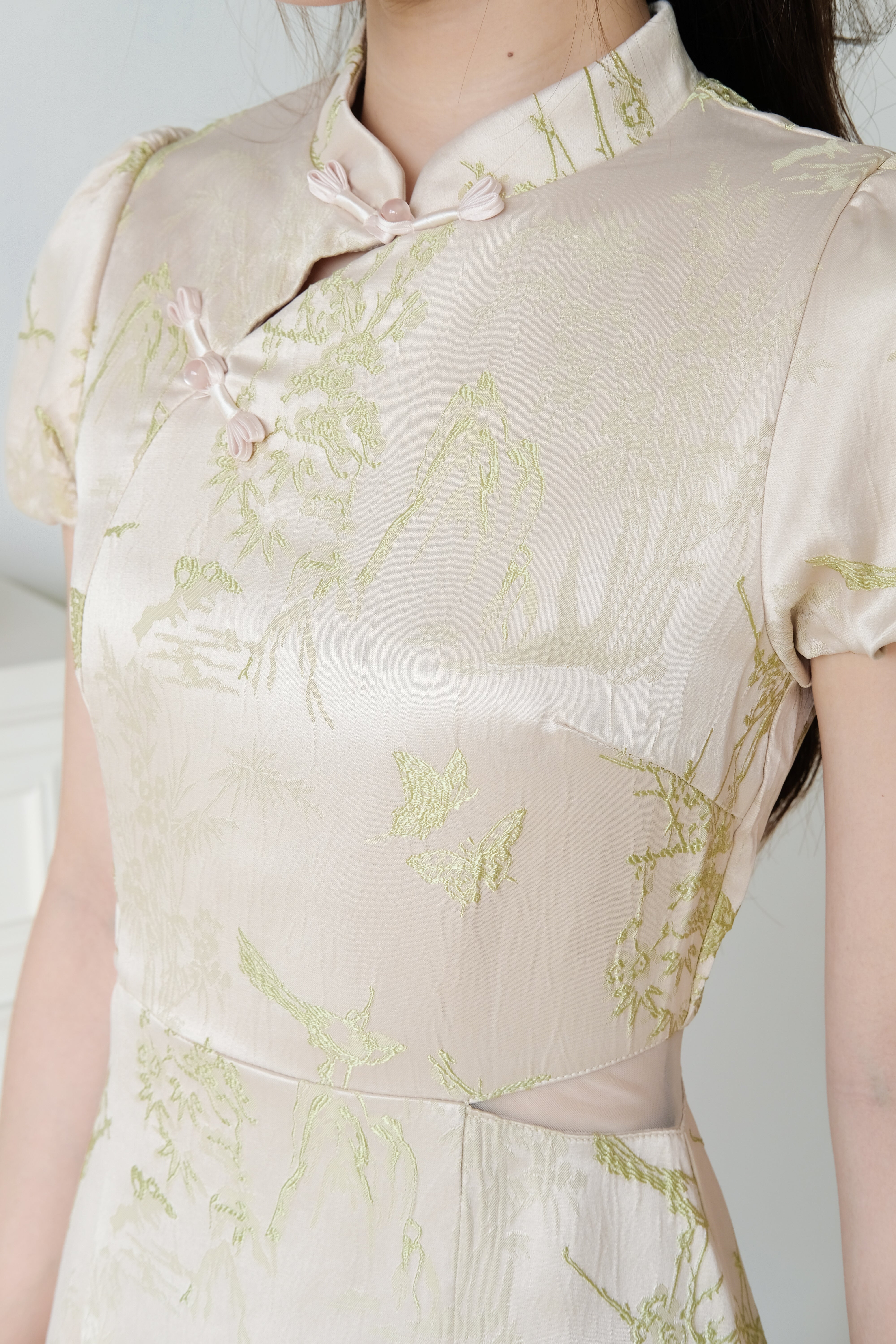 Yan Ru Mesh Cut Out Satin Cheongsam (Champagne)