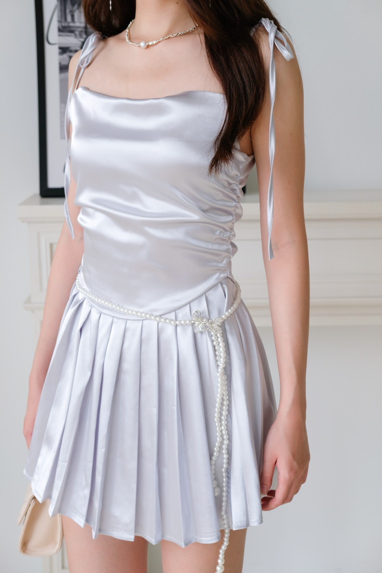 Quinta Cowl Satin Pleated Dress (Sliver)