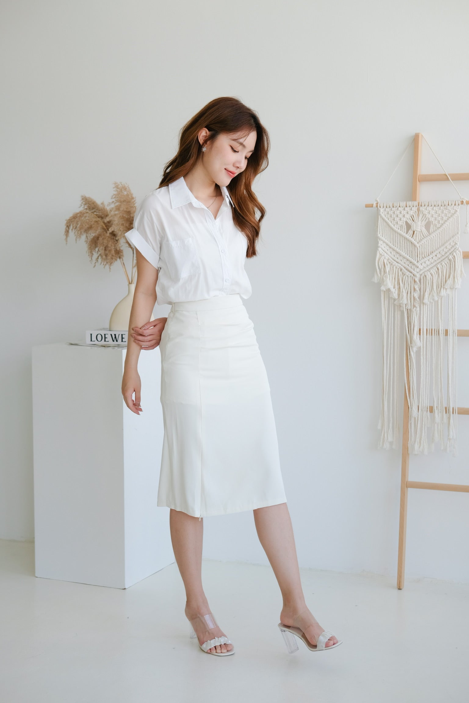 High Waisted Ruched Slit Midi Skirt (Cream)