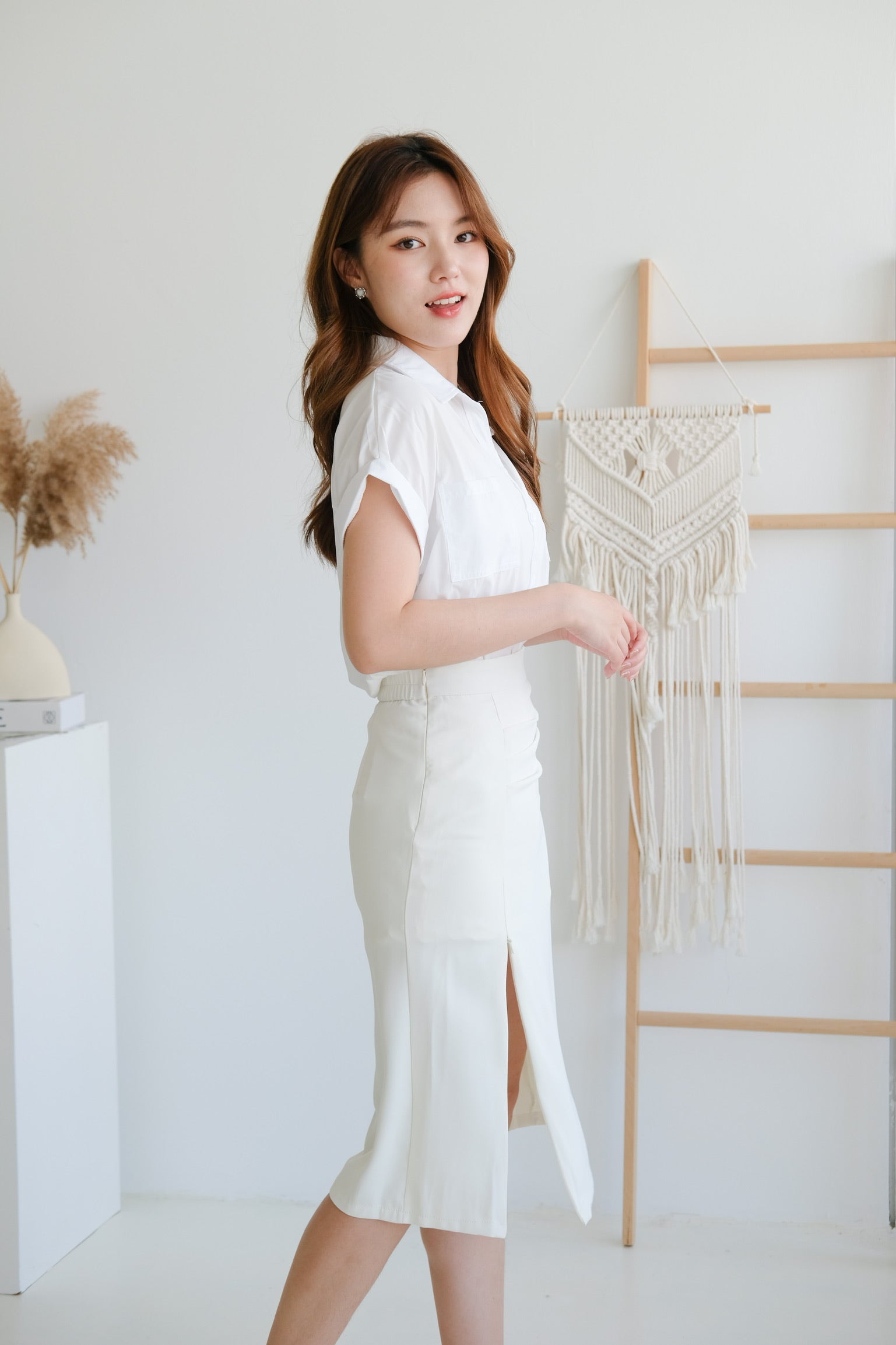 High Waisted Ruched Slit Midi Skirt (Cream)