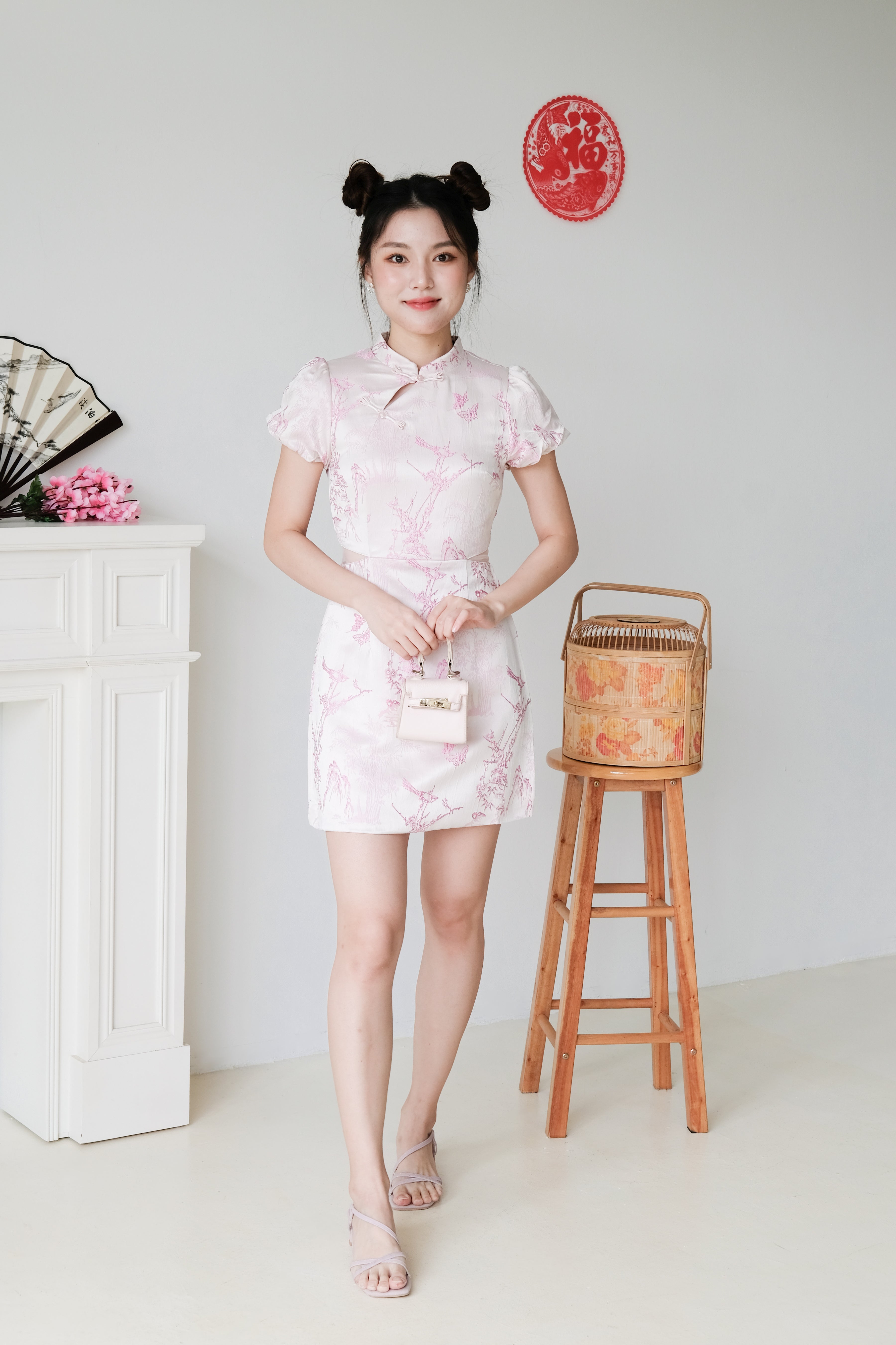 Yan Ru Mesh Cut Out Satin Cheongsam (Pink)