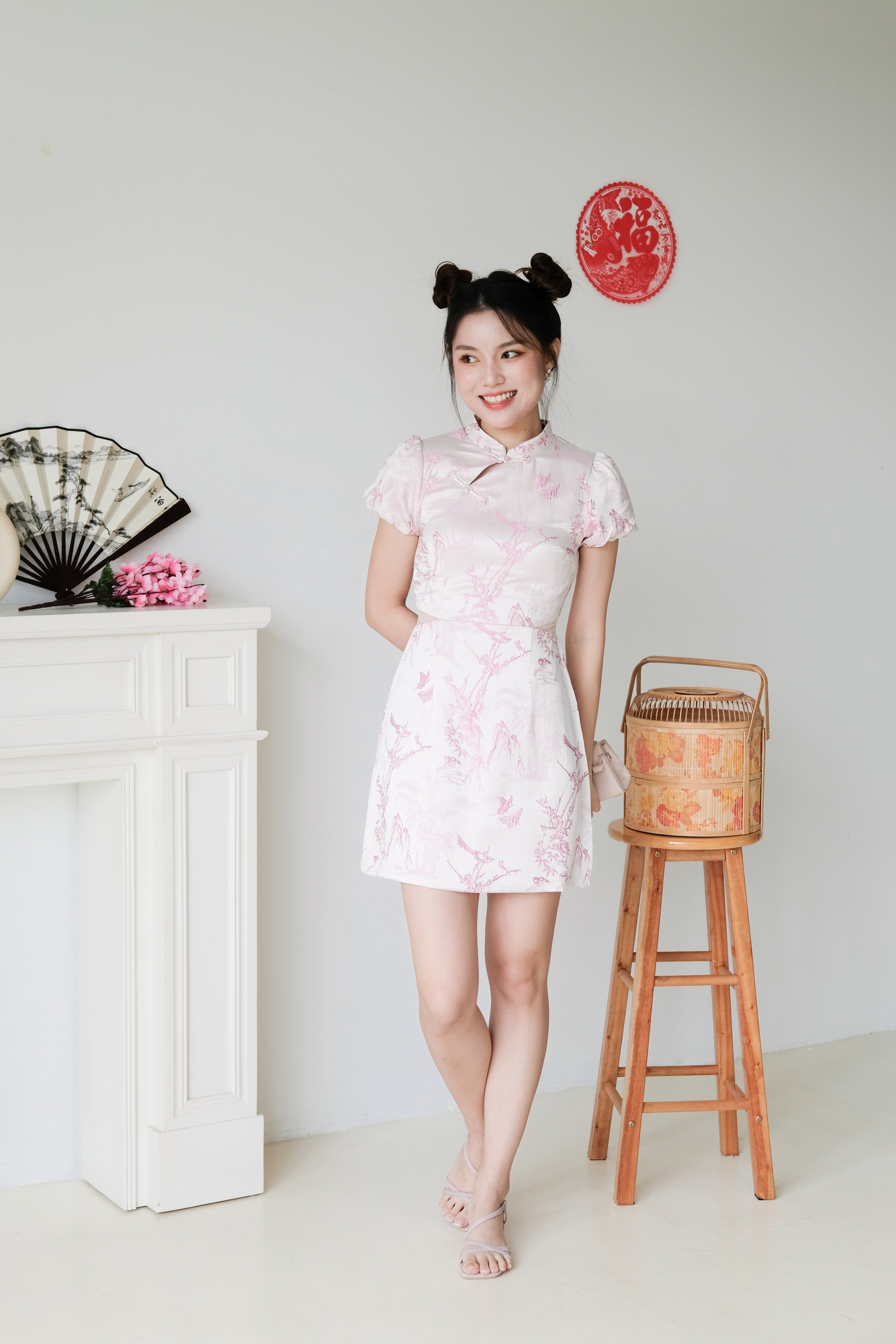 Yan Ru Mesh Cut Out Satin Cheongsam (Pink)