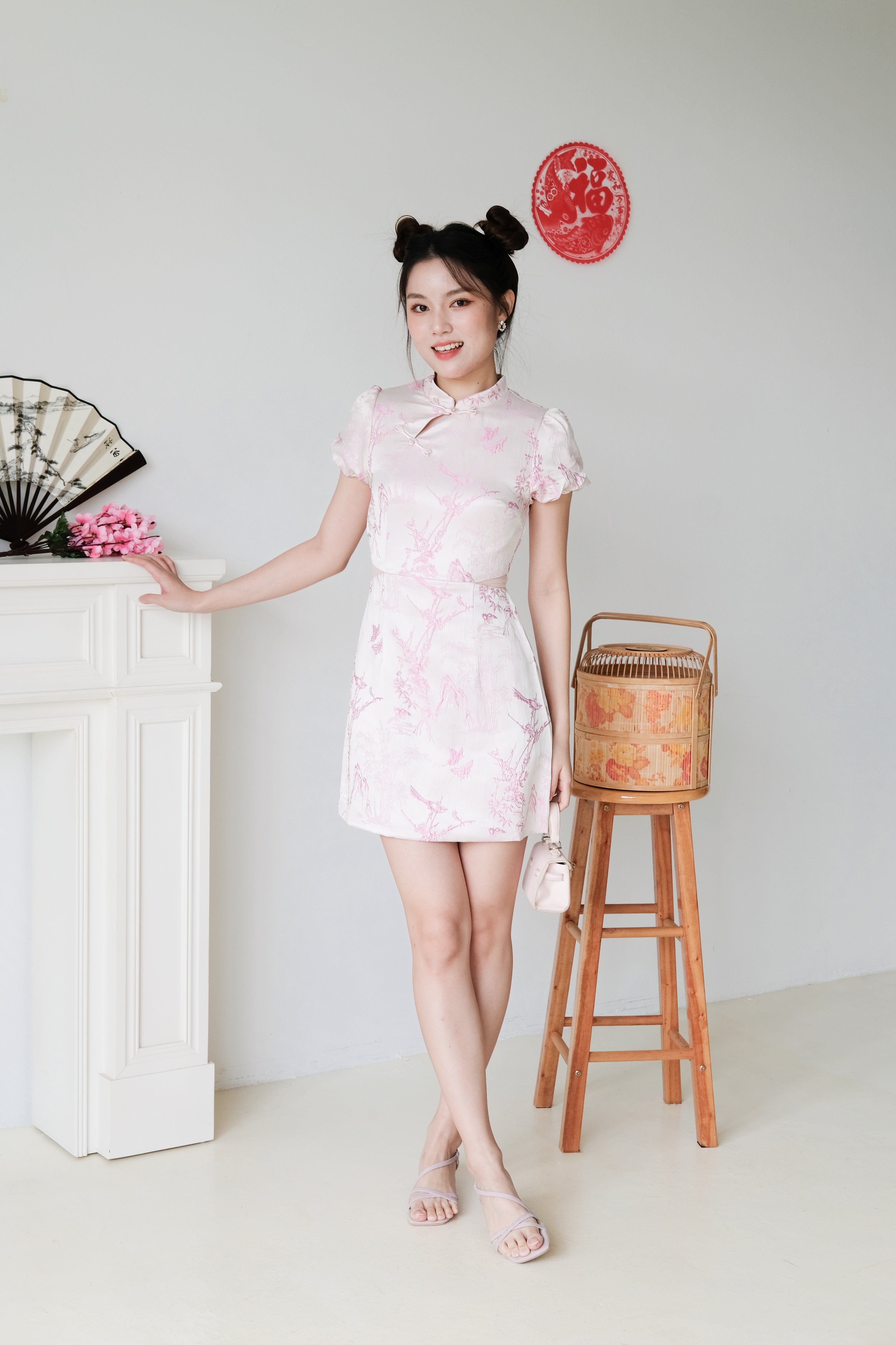 Yan Ru Mesh Cut Out Satin Cheongsam (Pink)