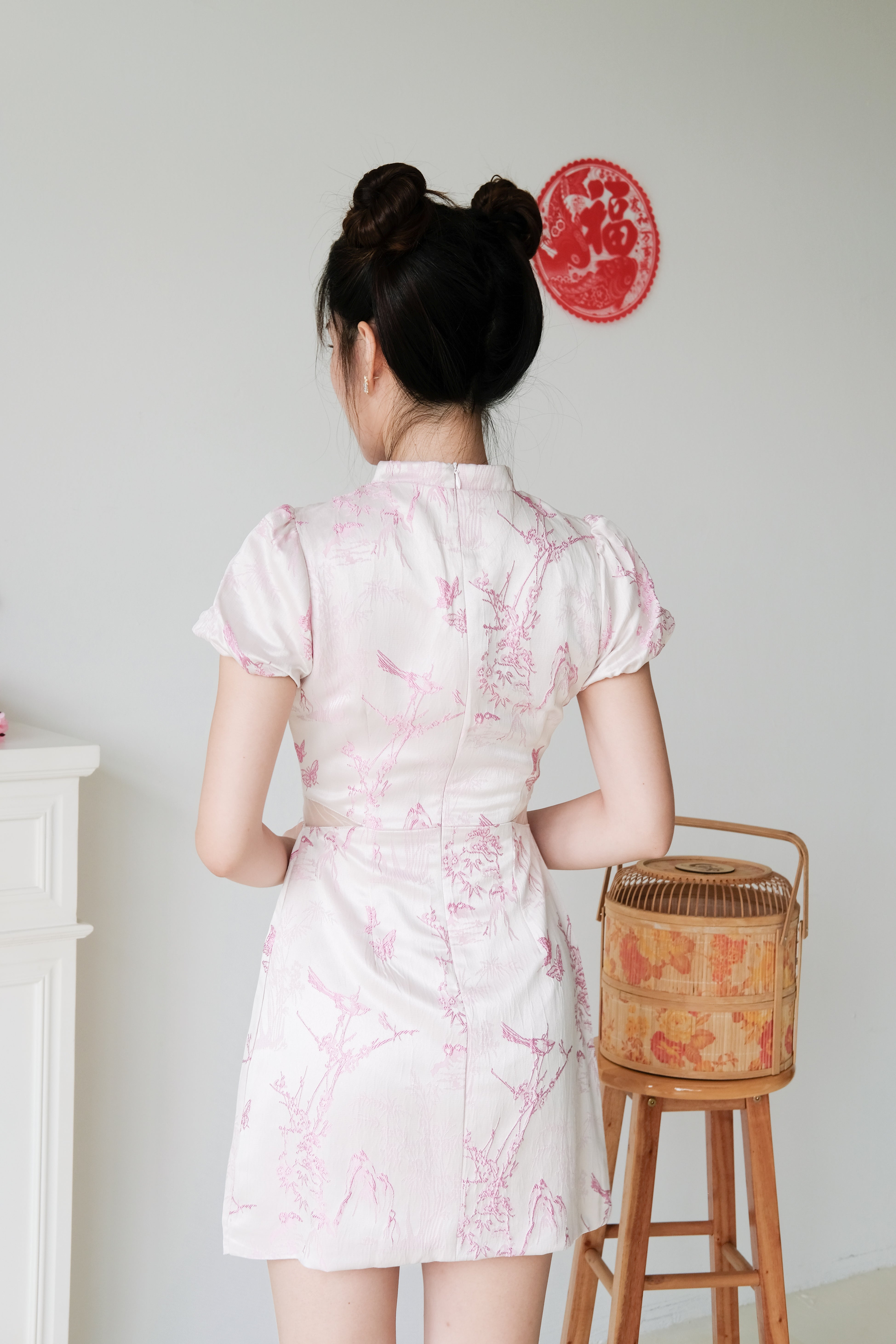 Yan Ru Mesh Cut Out Satin Cheongsam (Pink)