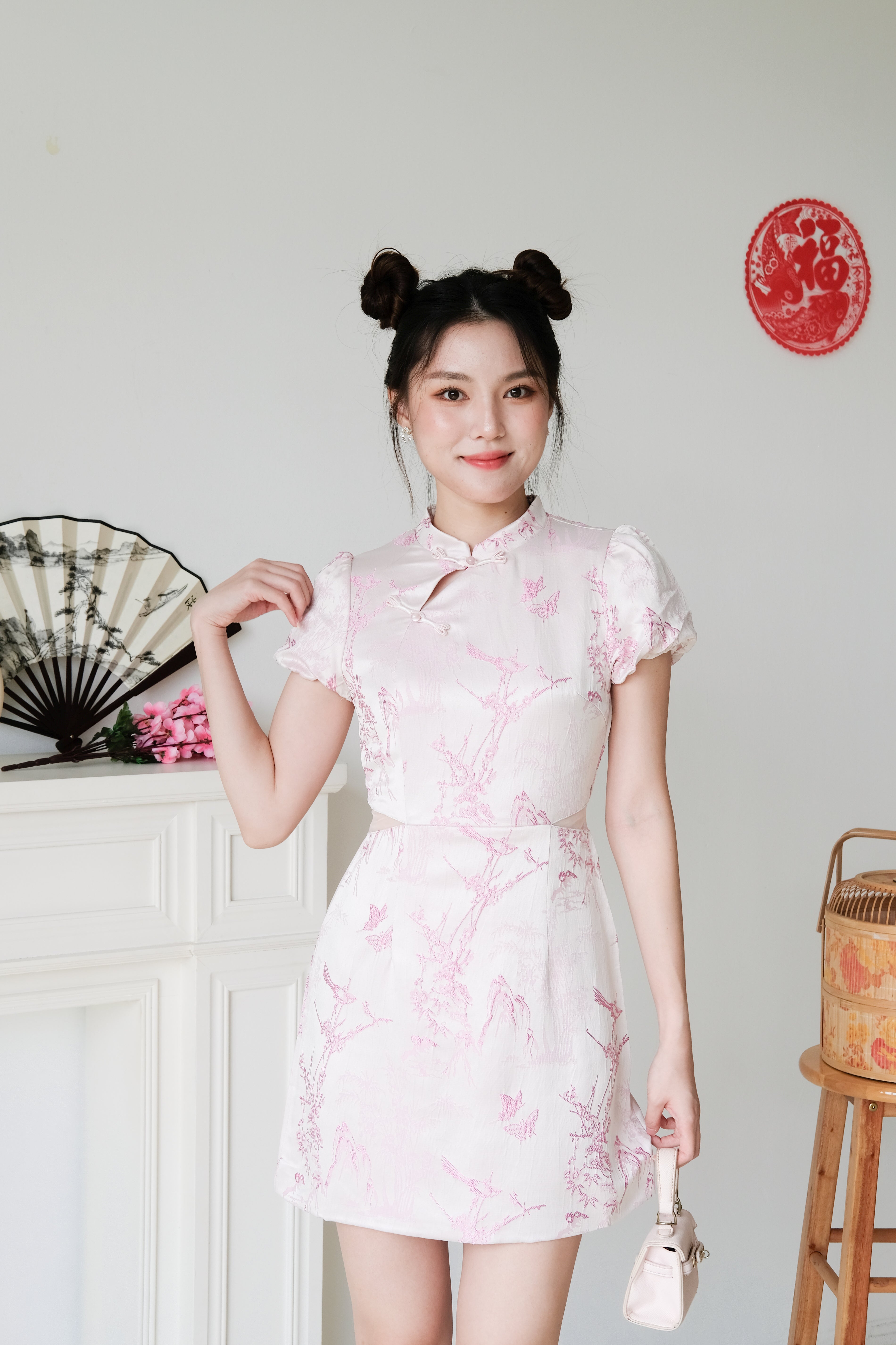 Yan Ru Mesh Cut Out Satin Cheongsam (Pink)