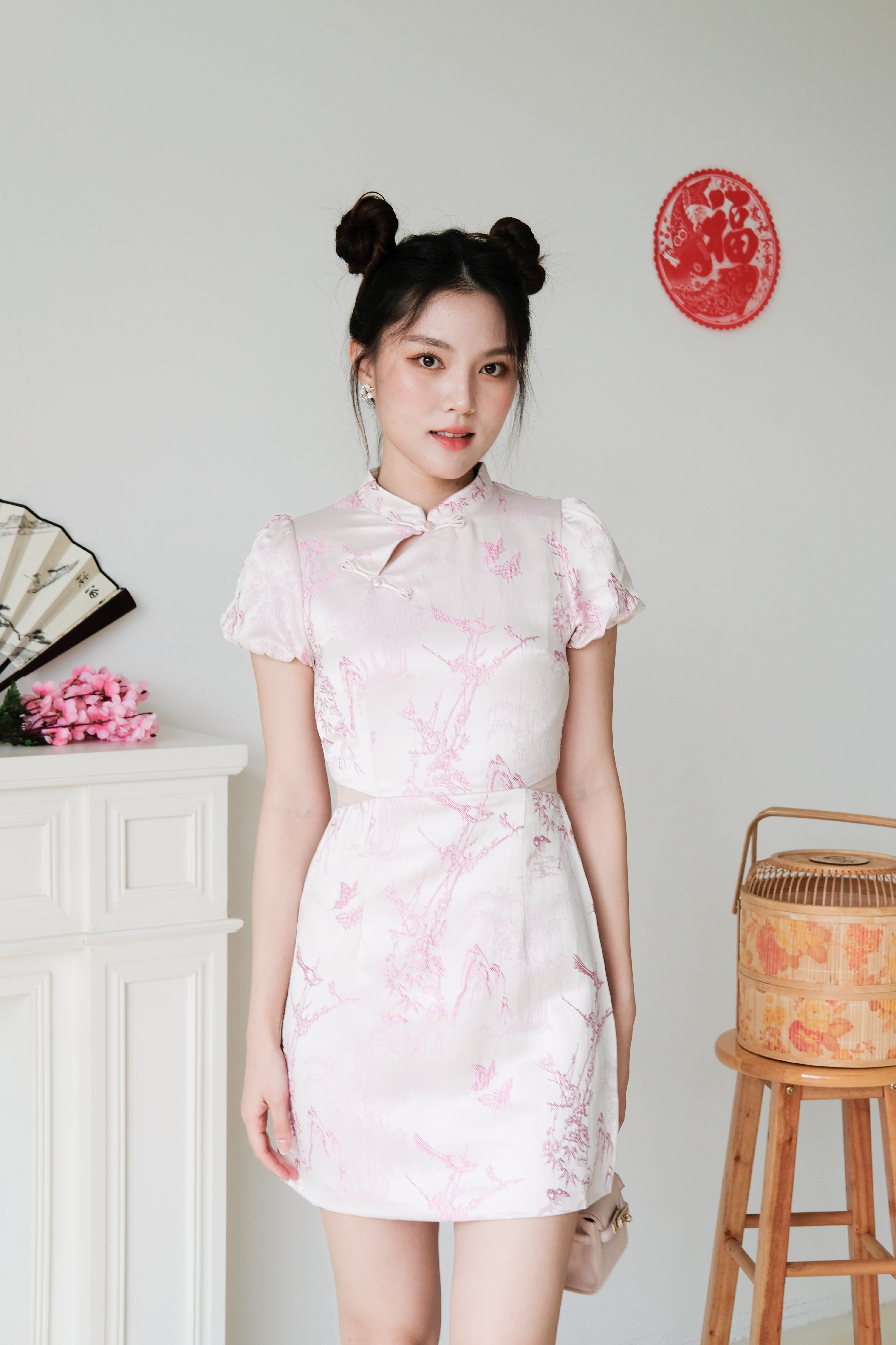 Yan Ru Mesh Cut Out Satin Cheongsam (Pink)