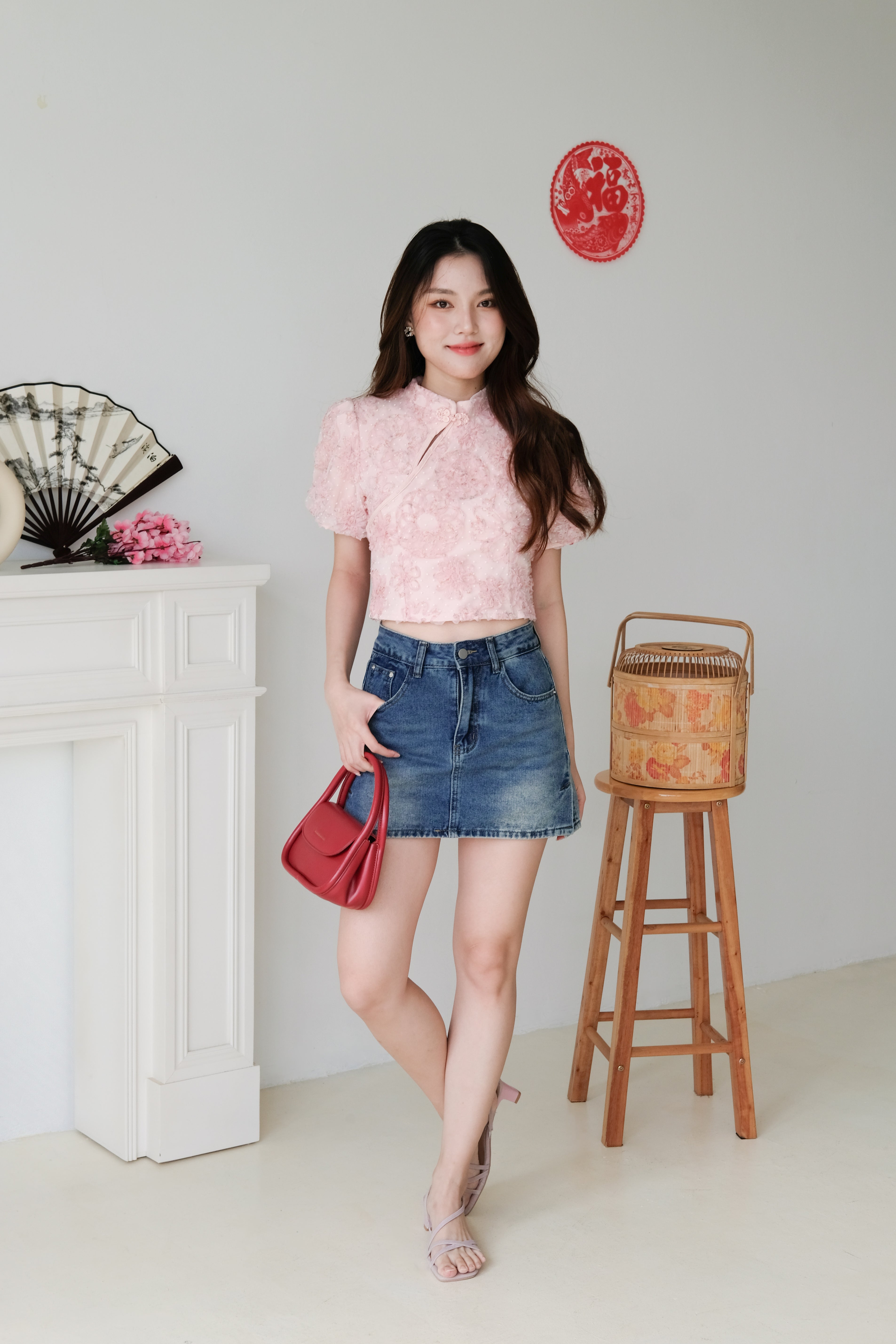 Min Floral Mesh Sleeves Top (Light Pink)