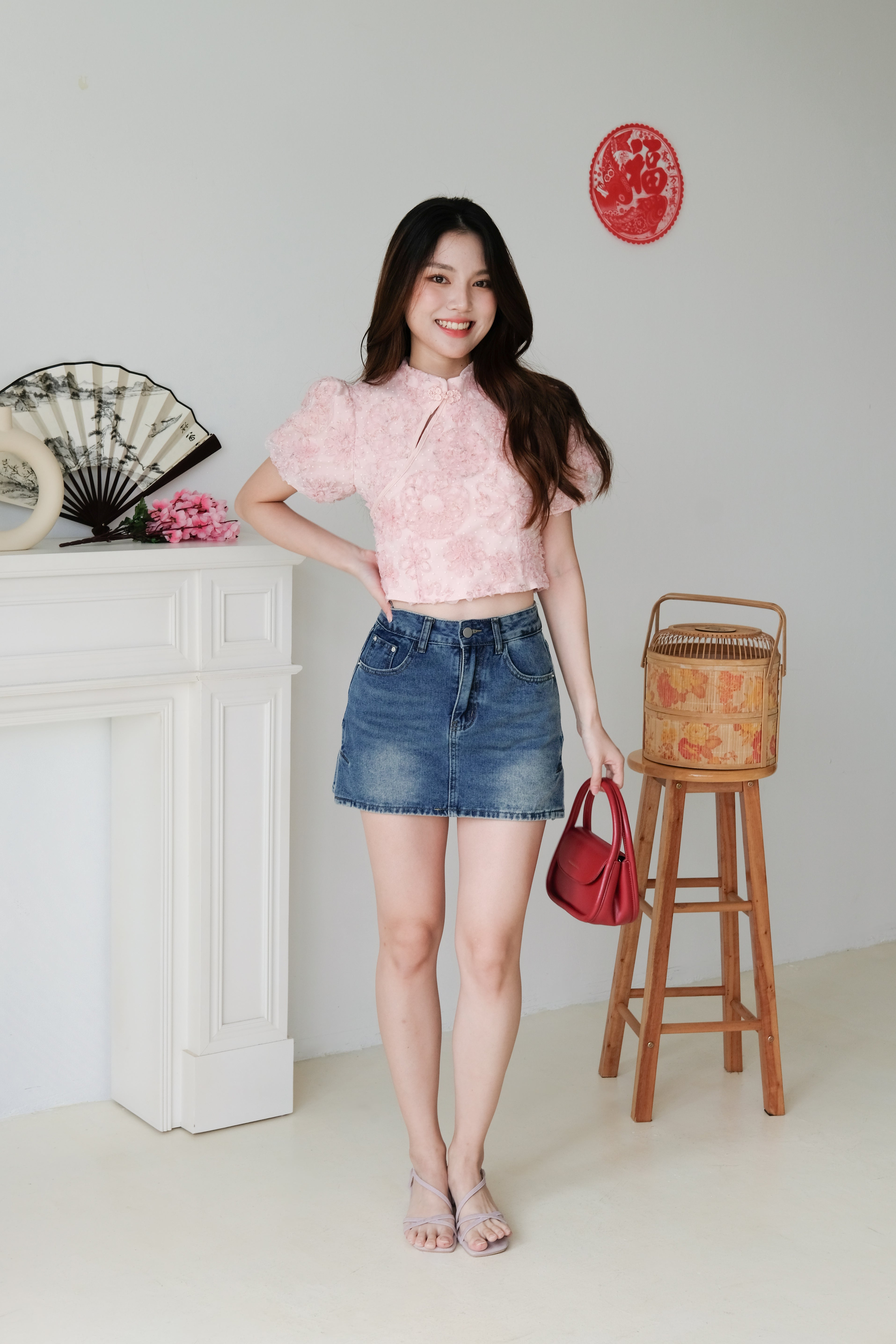 Min Floral Mesh Sleeves Top (Light Pink)