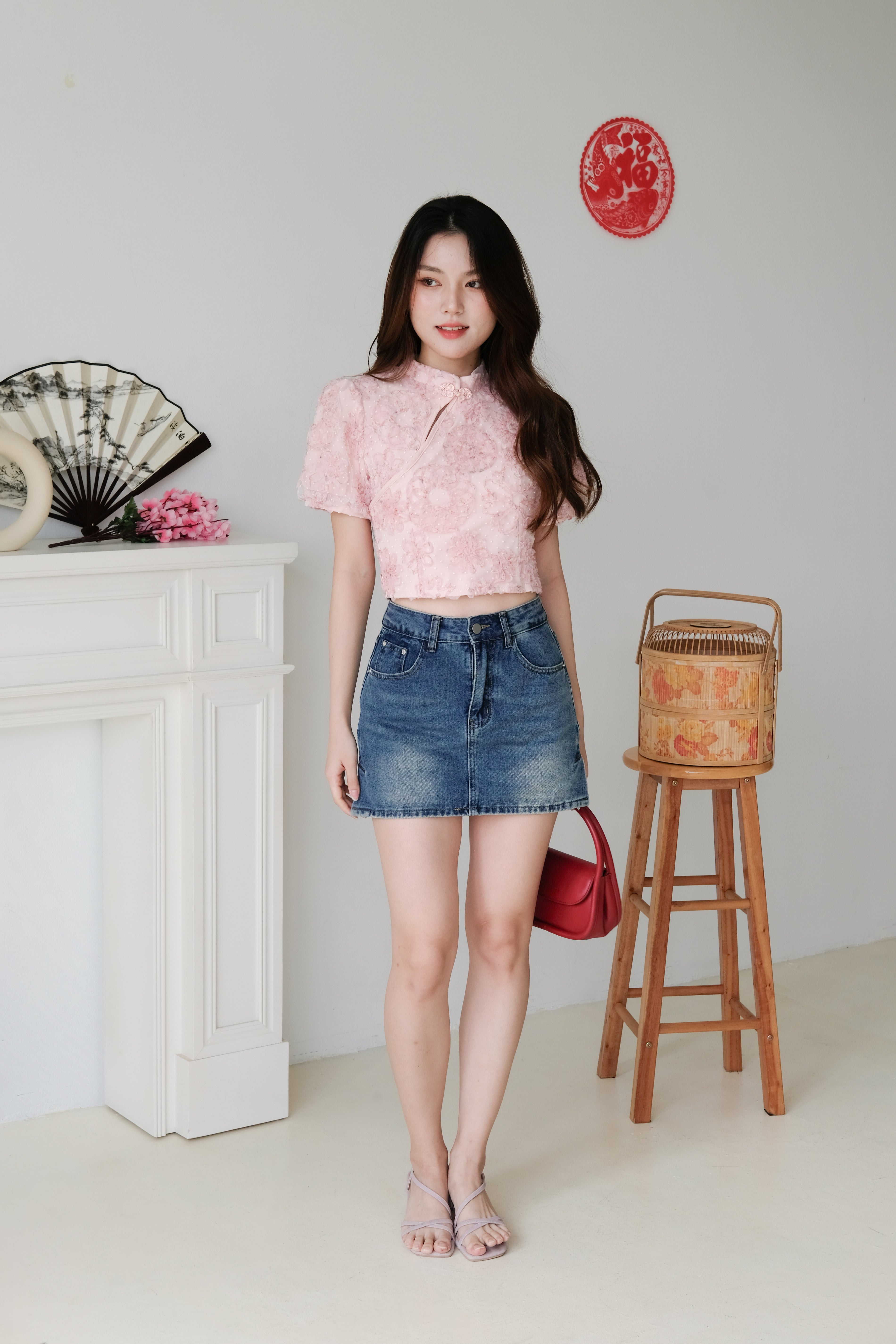 Min Floral Mesh Sleeves Top (Light Pink)