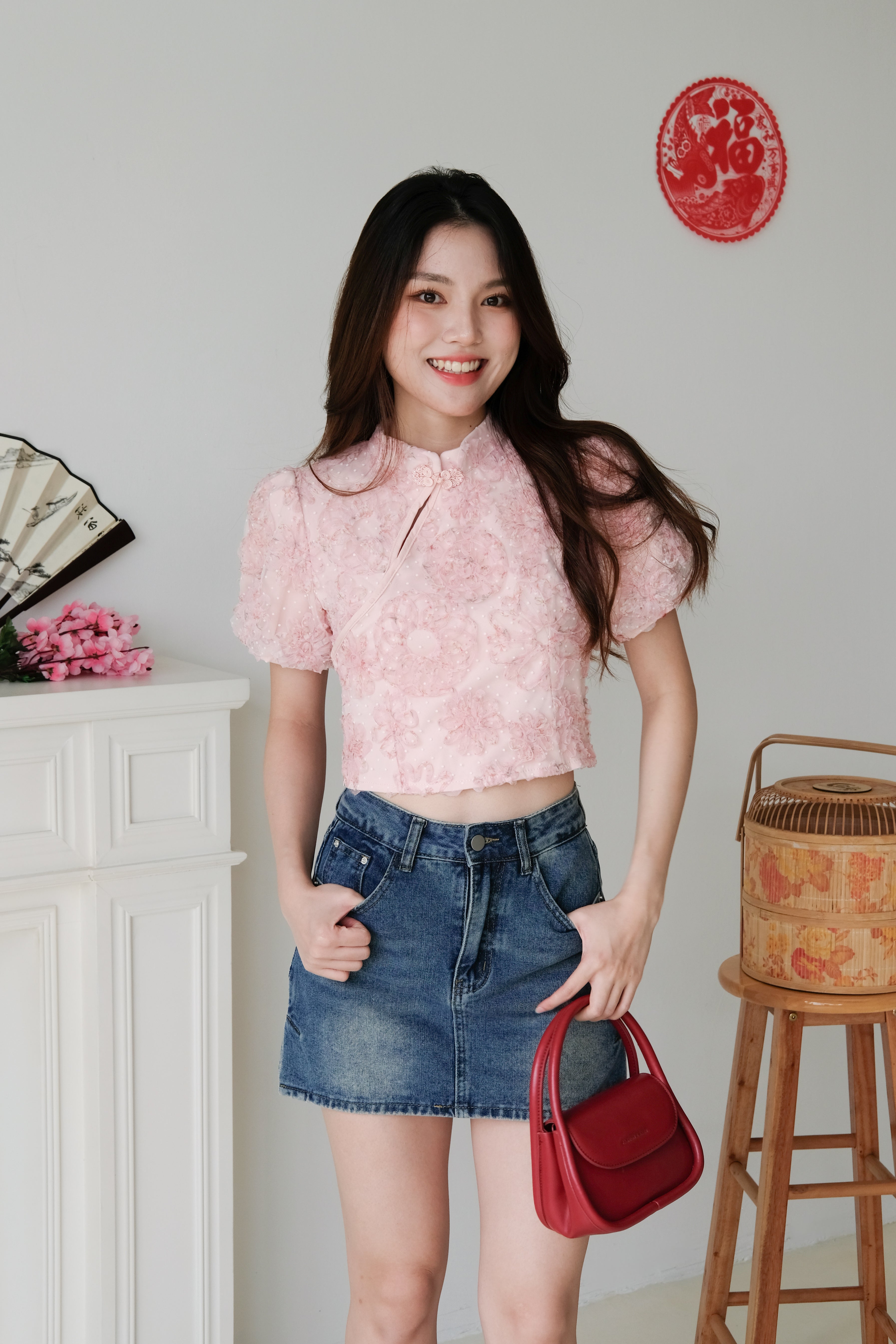 Min Floral Mesh Sleeves Top (Light Pink)