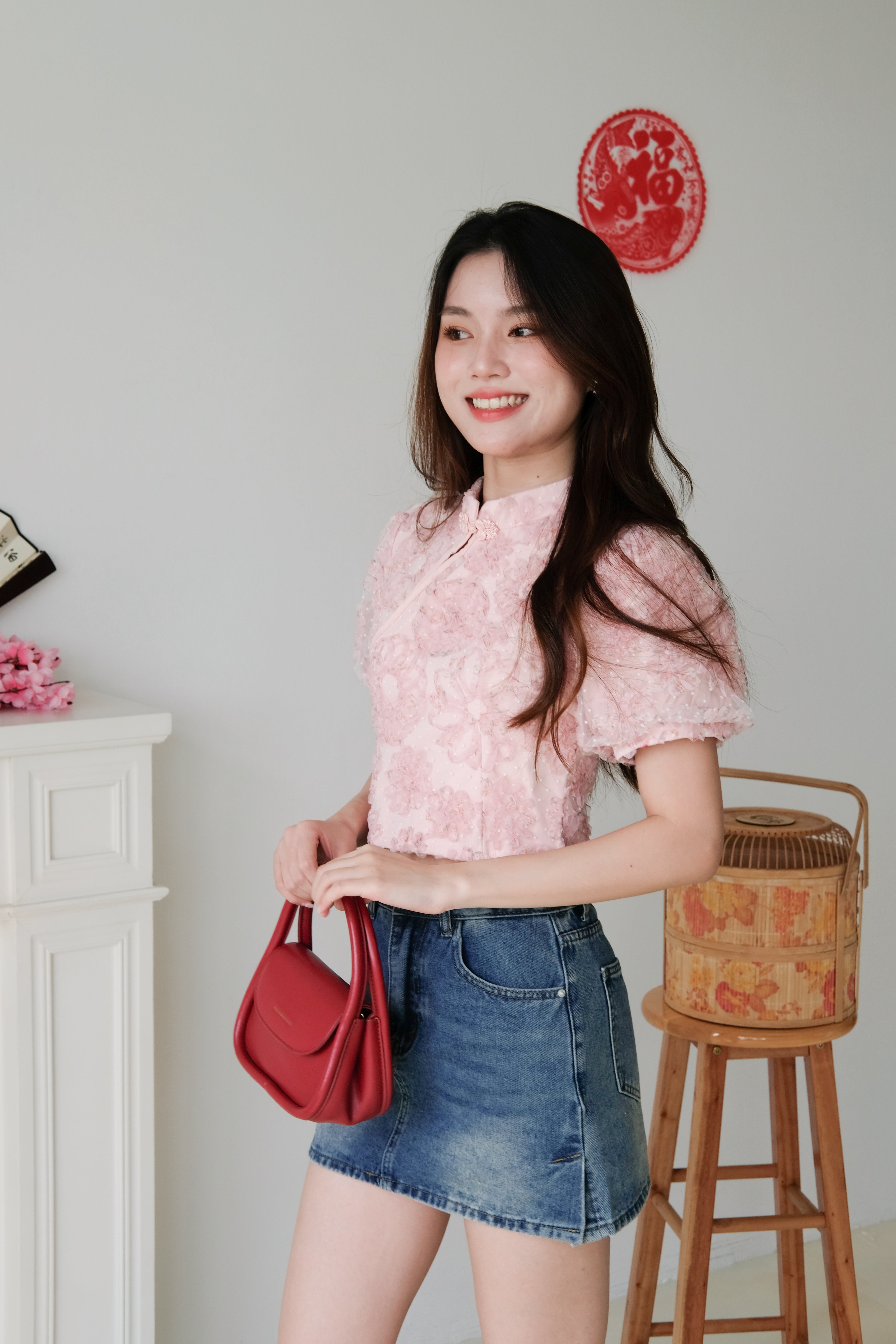 Min Floral Mesh Sleeves Top (Light Pink)