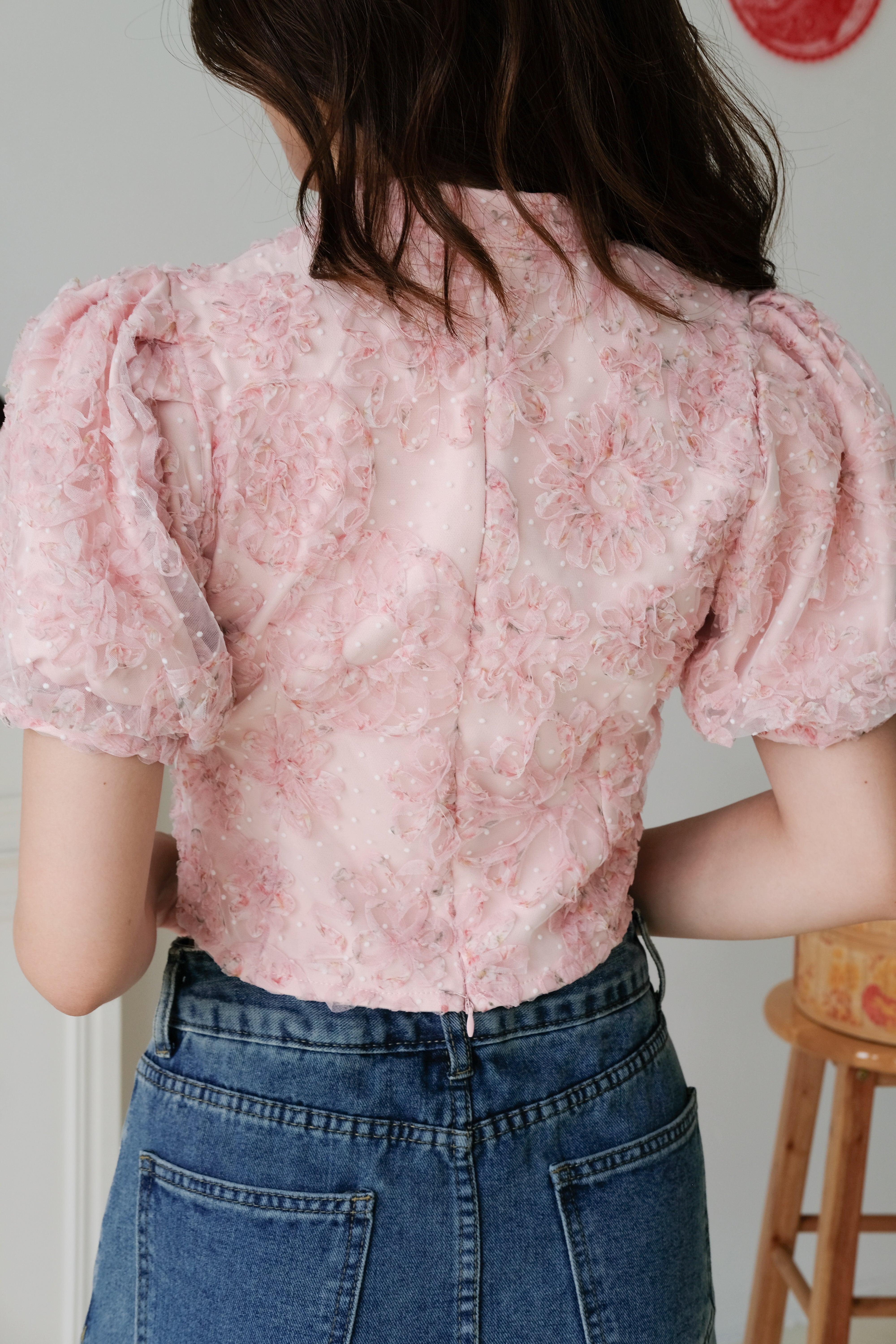 Min Floral Mesh Sleeves Top (Light Pink)