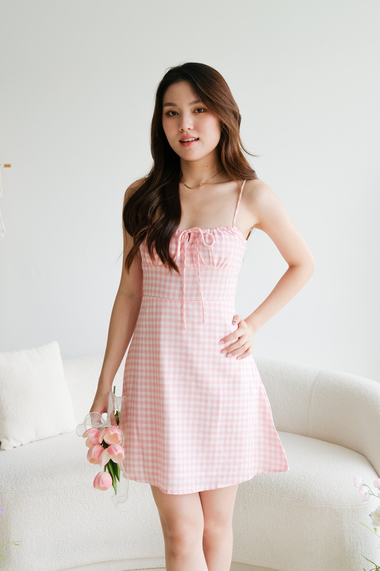 Veron Ruched Plaid Mini Dress (Pink)