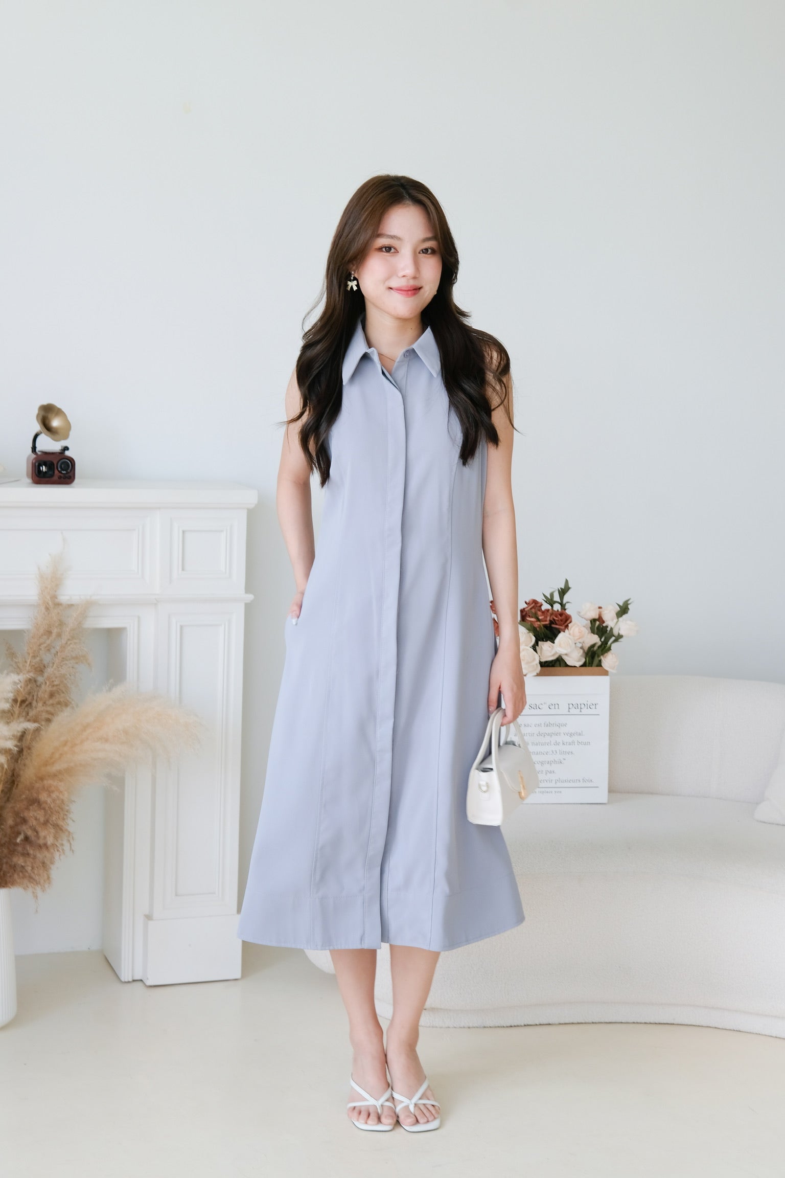 Eletta Collared A Line Dress (Dusty Blue)