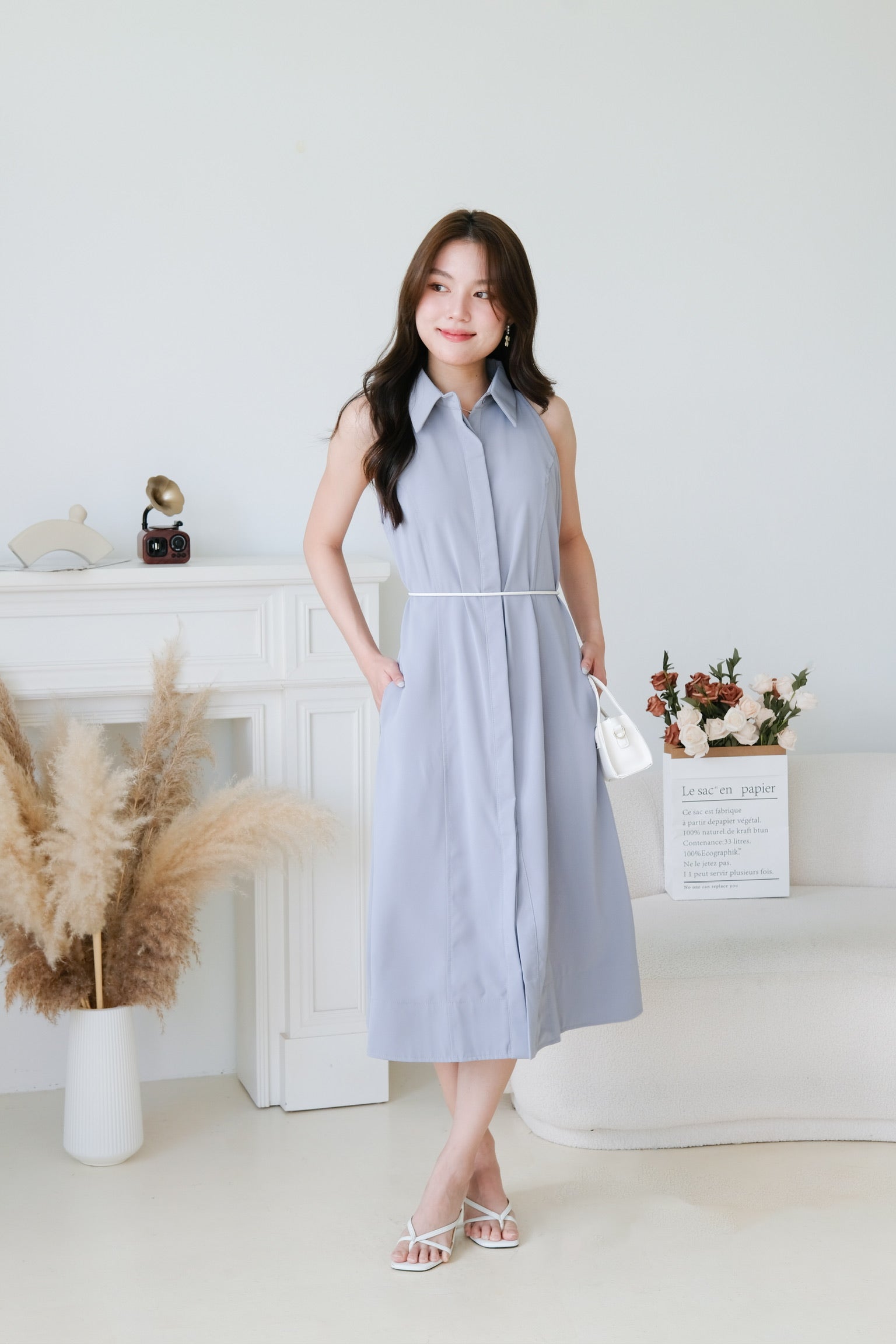 Eletta Collared A Line Dress (Dusty Blue)