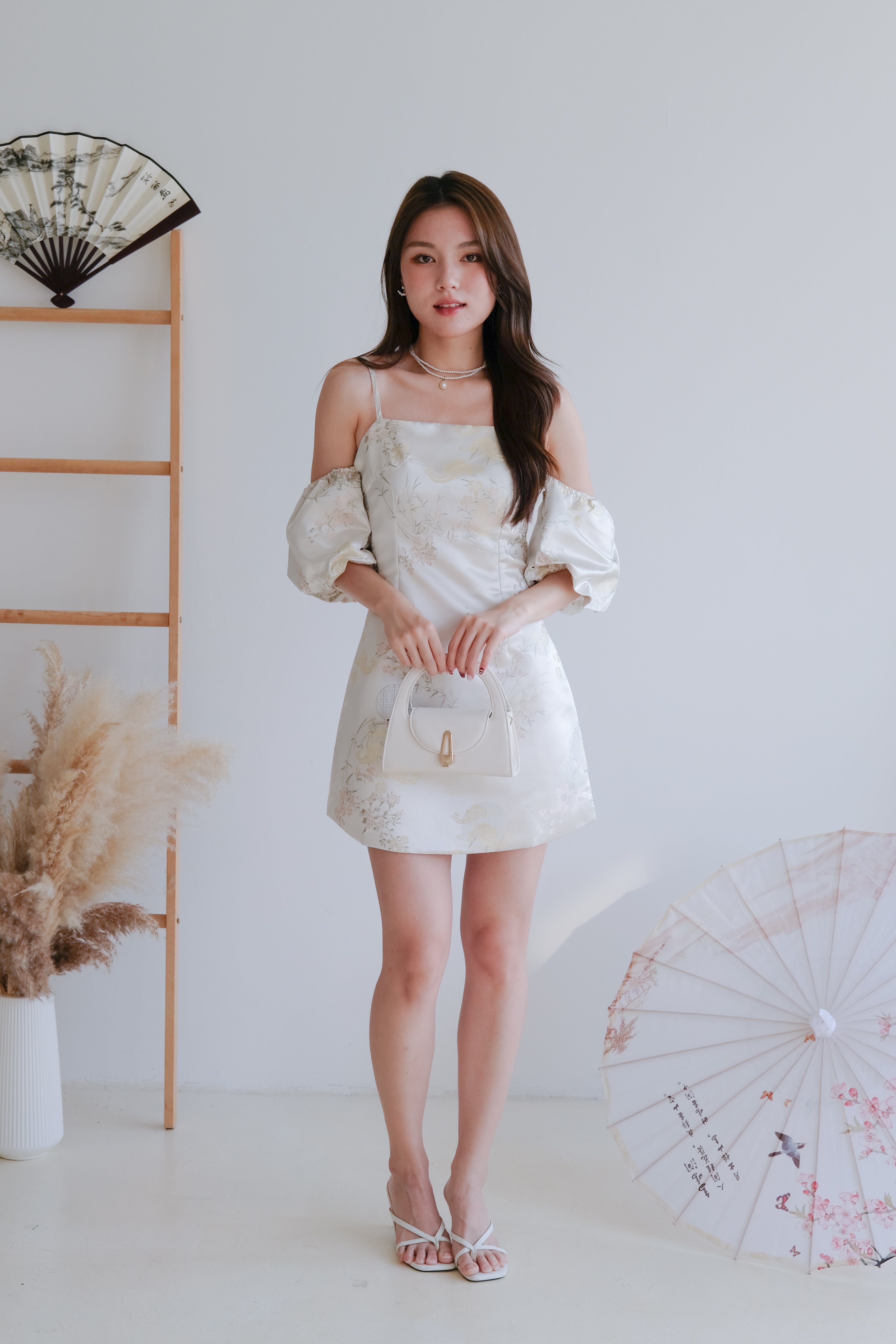 Ya Yun Tropical Cold Shoulder Dress (Pearl White)