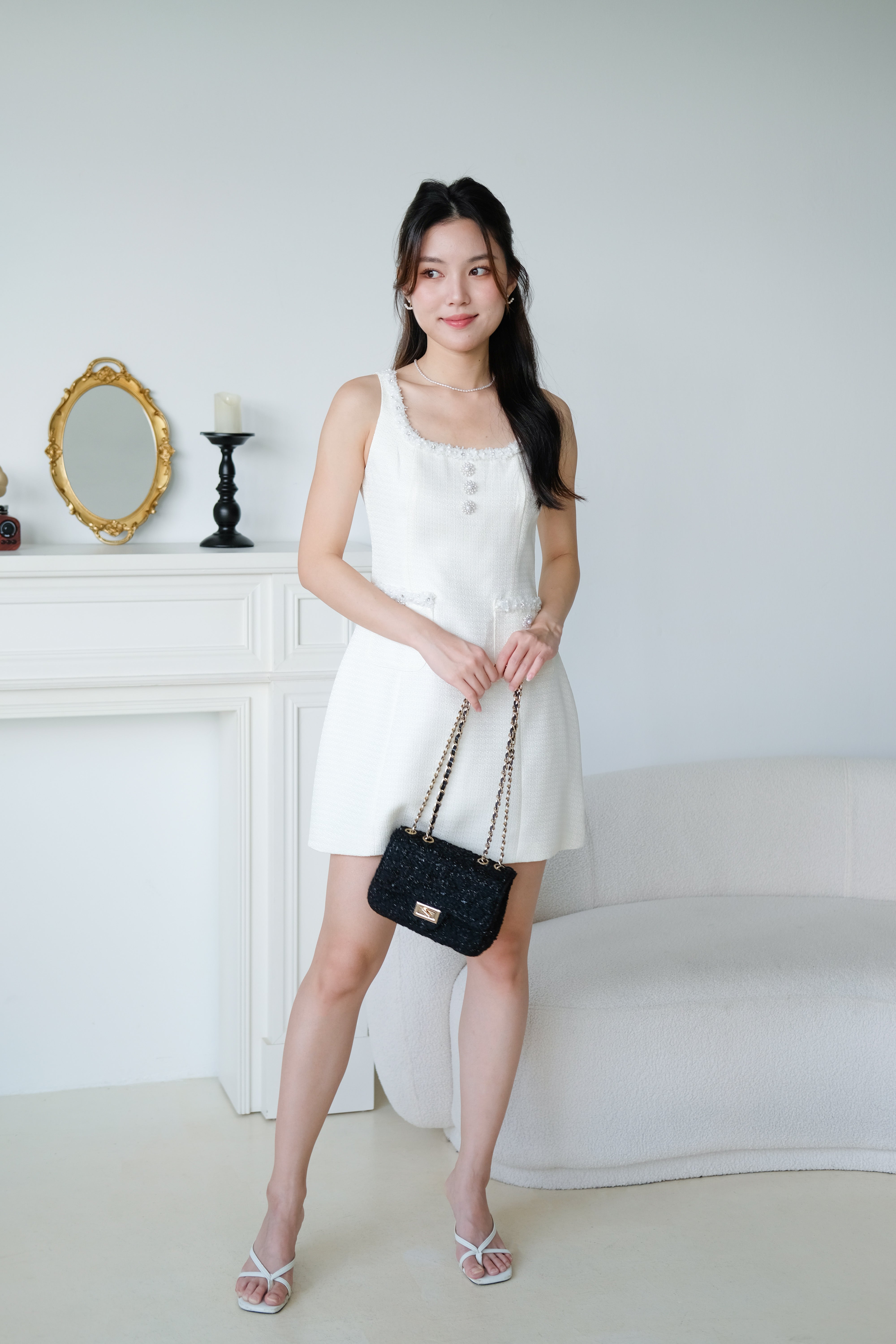 Lenora Tweed Vintage Dress (Cream)