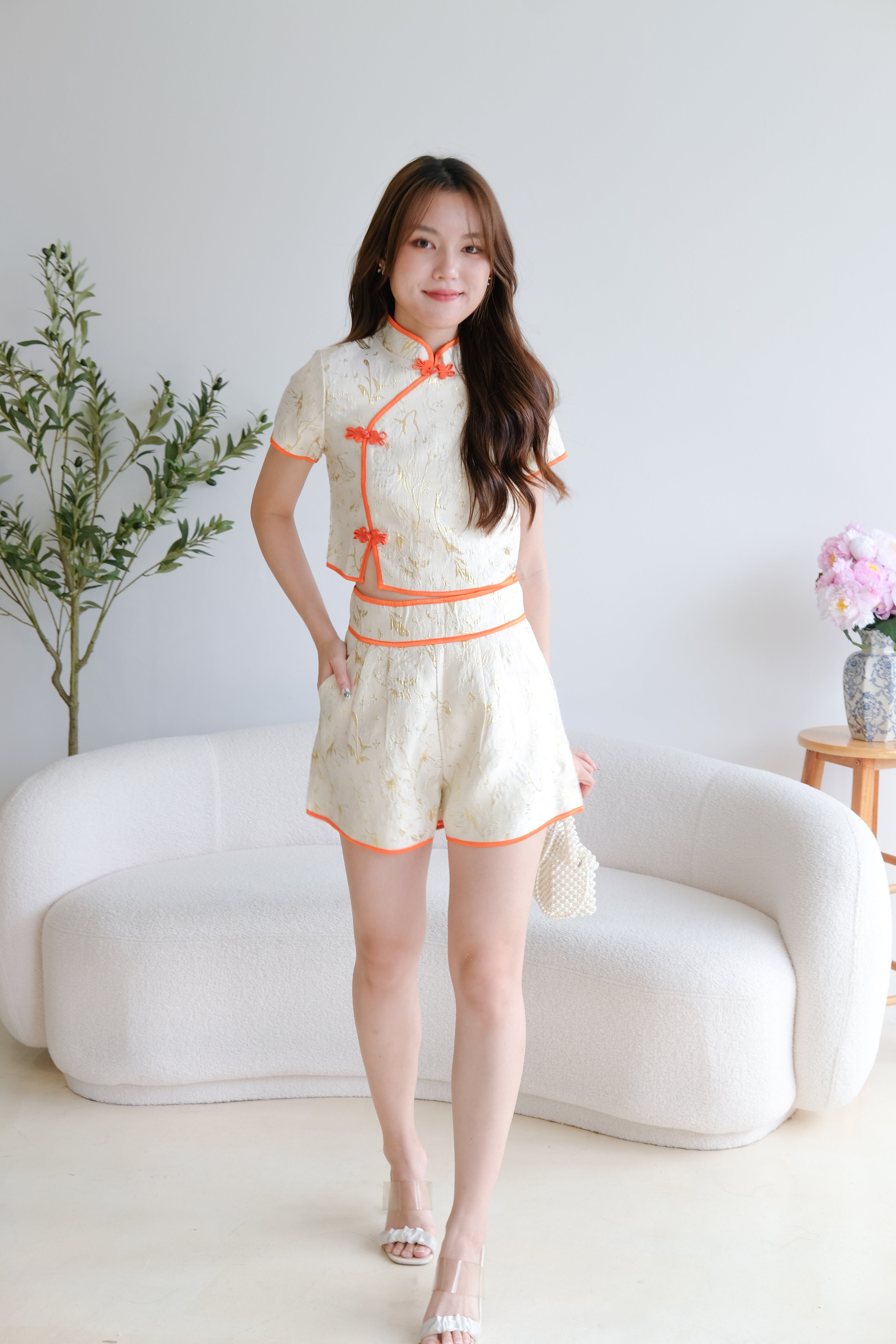 Ming Contrast Cheongsam Set (Tangerine Cream)