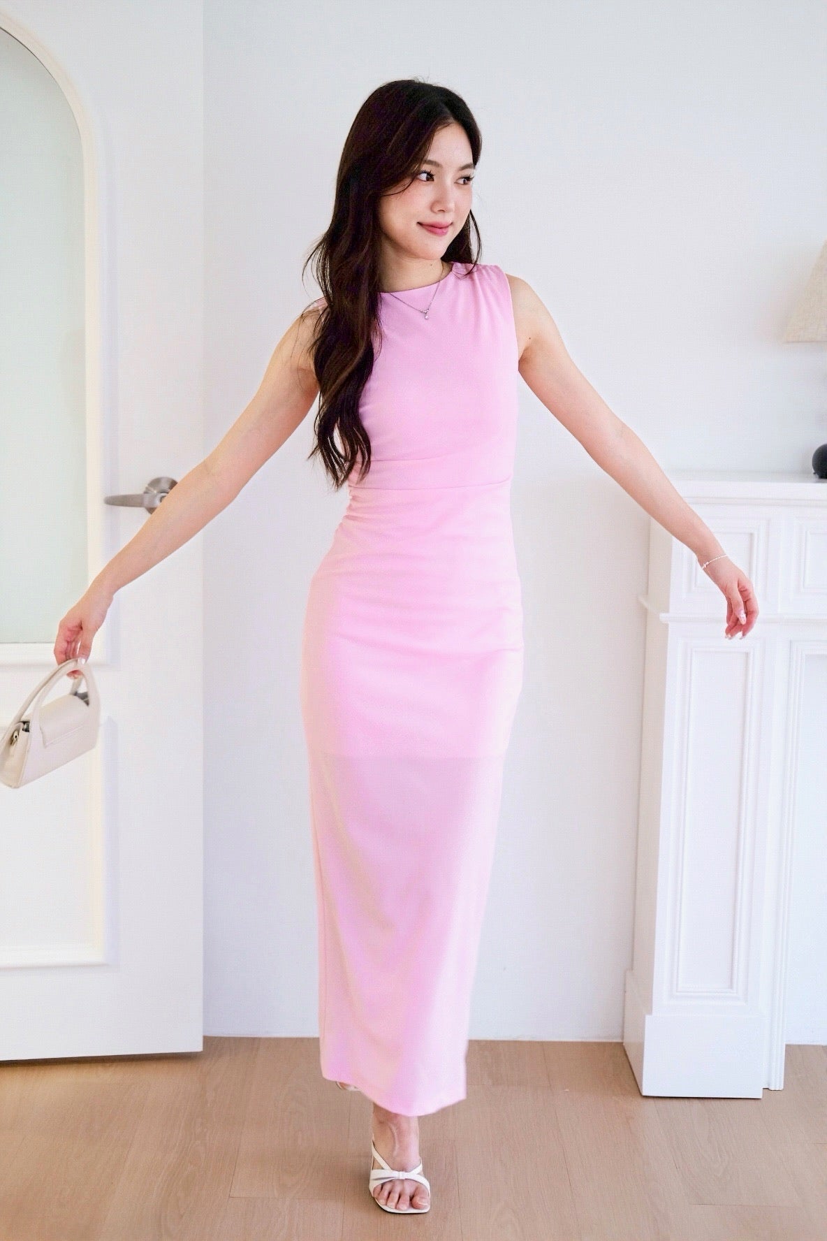 Brianna Ruched Jewel Bodycon Maxi Dress (Bright Pink)
