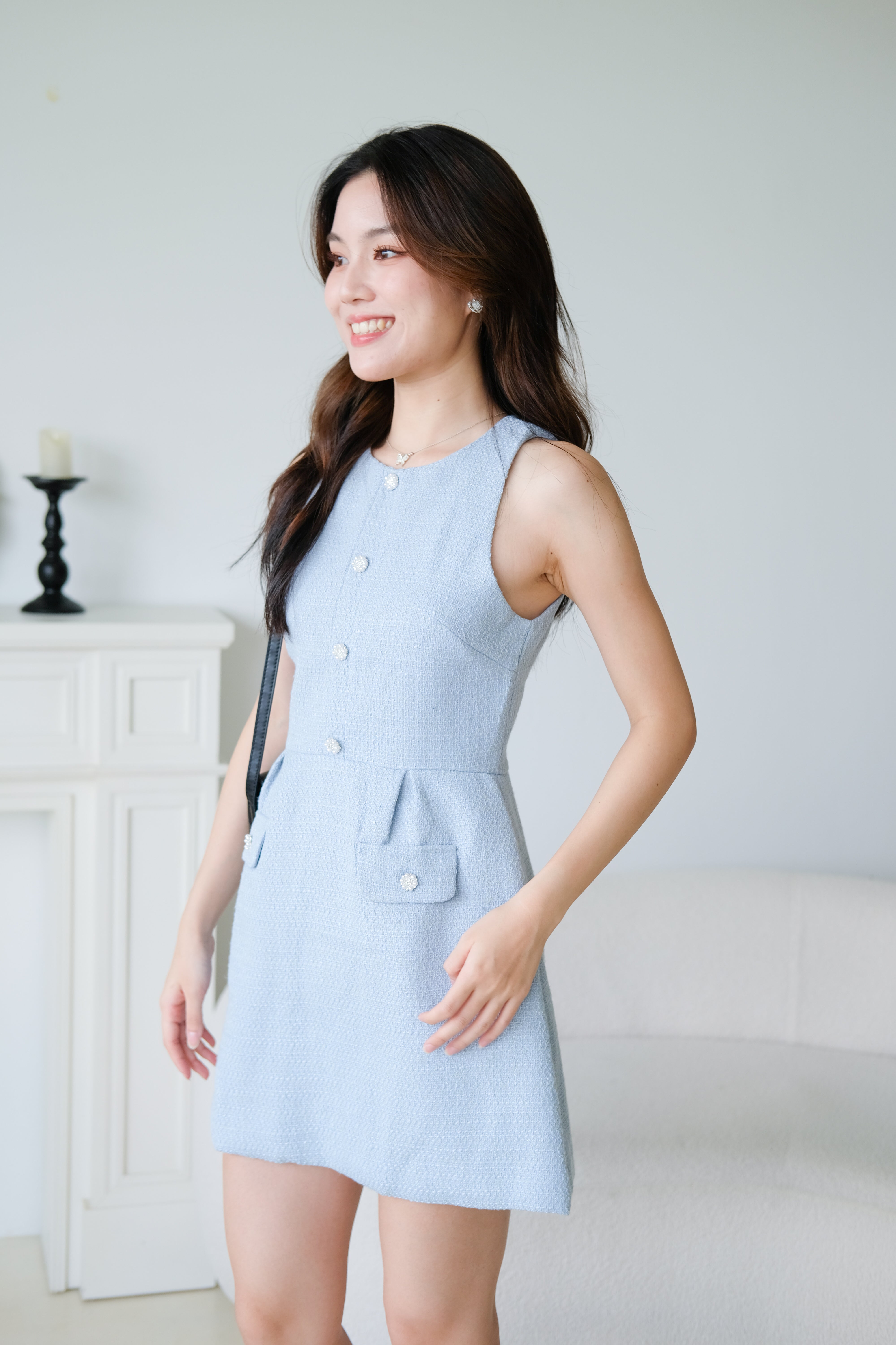 Pearly Tweed Halter Dress (Sea Blue)