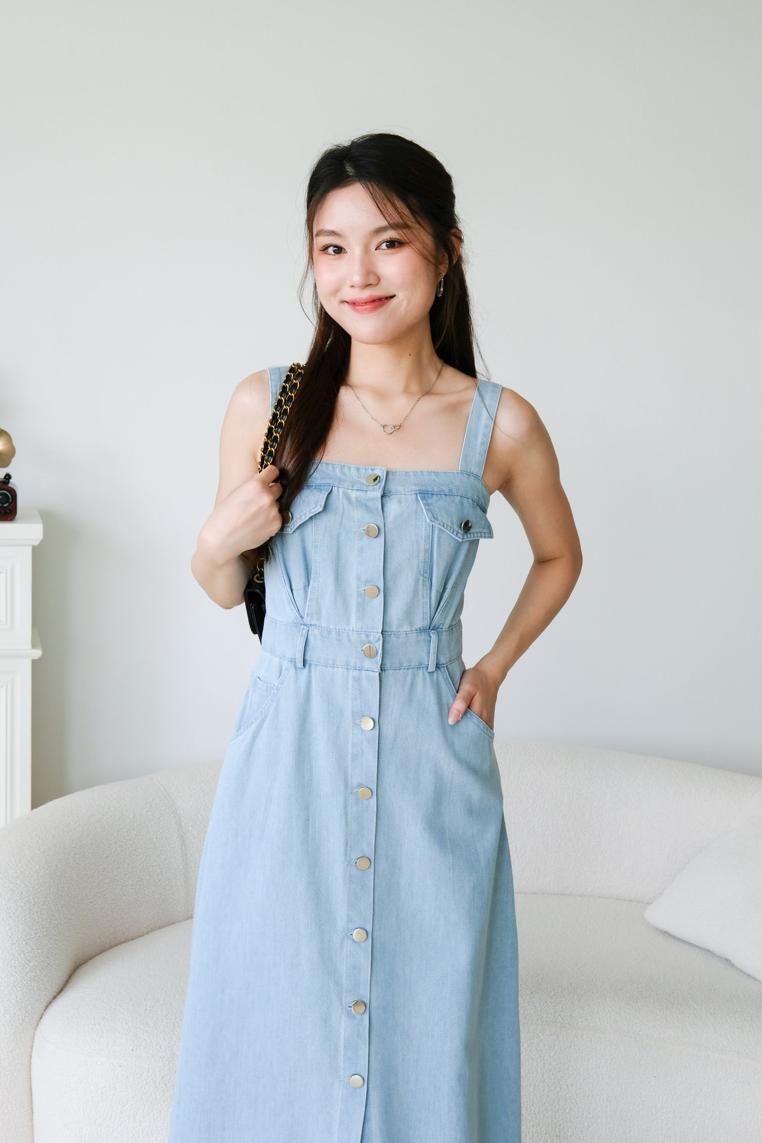 Ean Button Down Denim Maxi Dress (Light Blue)