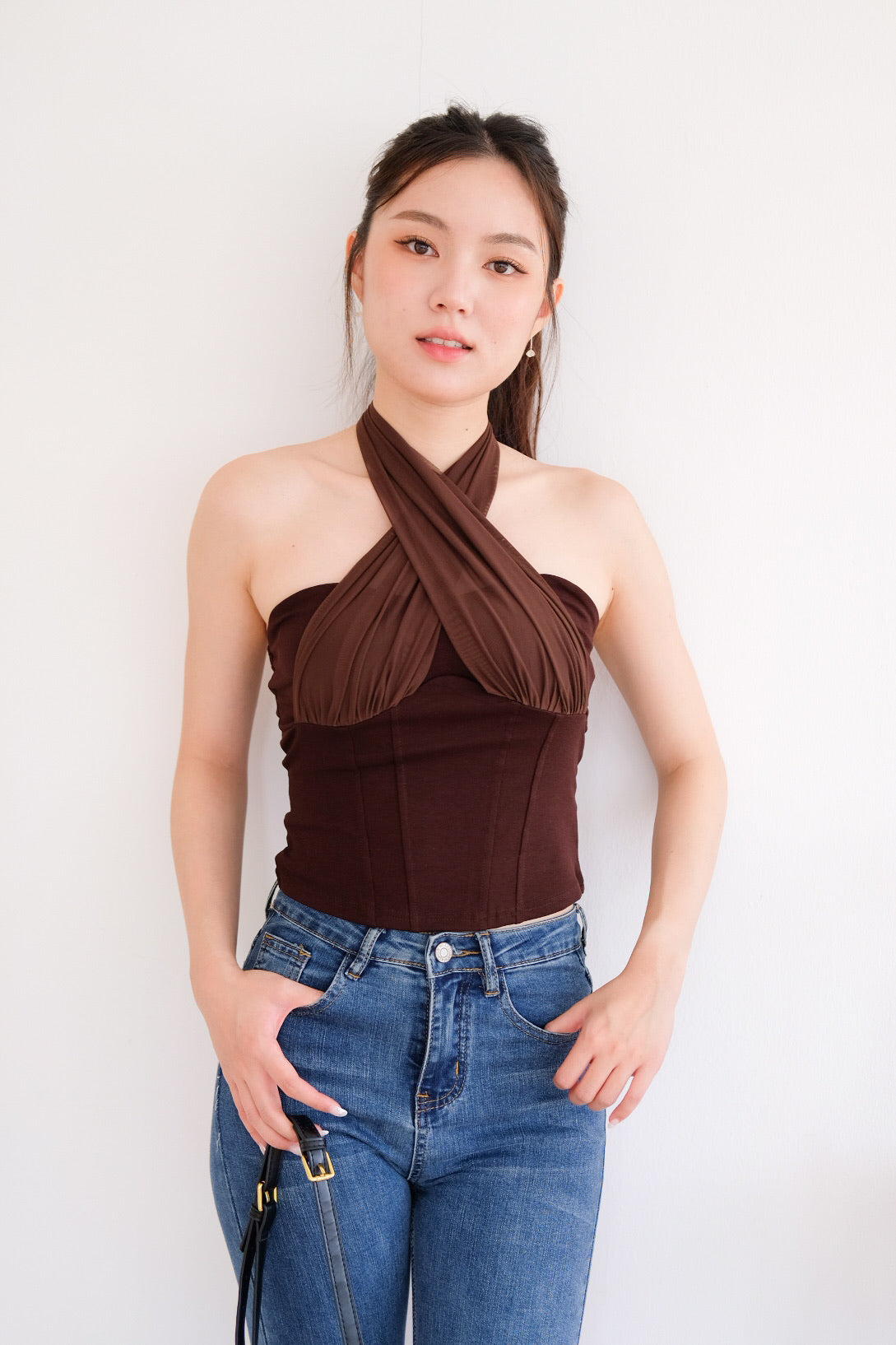 Siren Padded Halter Self Tie Top (Mocha)