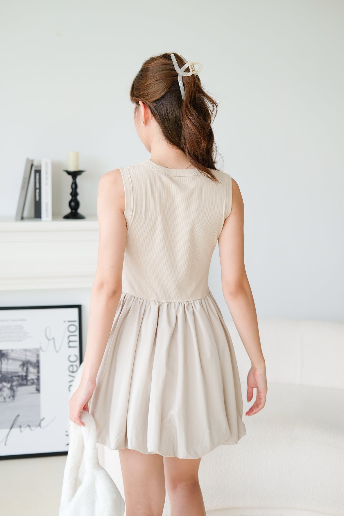 Carmen Ribbed Bubble Dress (Ecru)