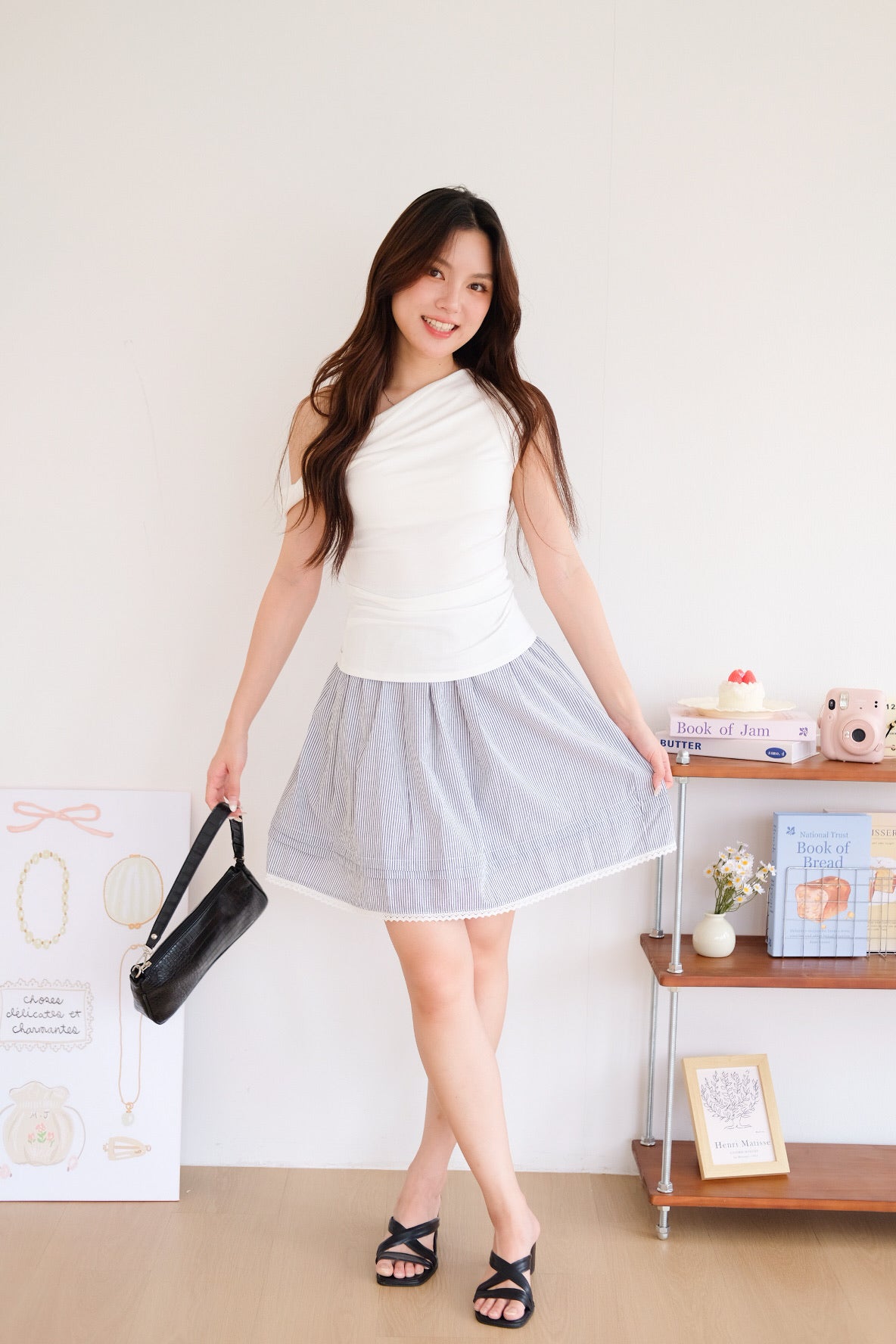 Reini Candy Stripes Knee Length Skirt (Black)