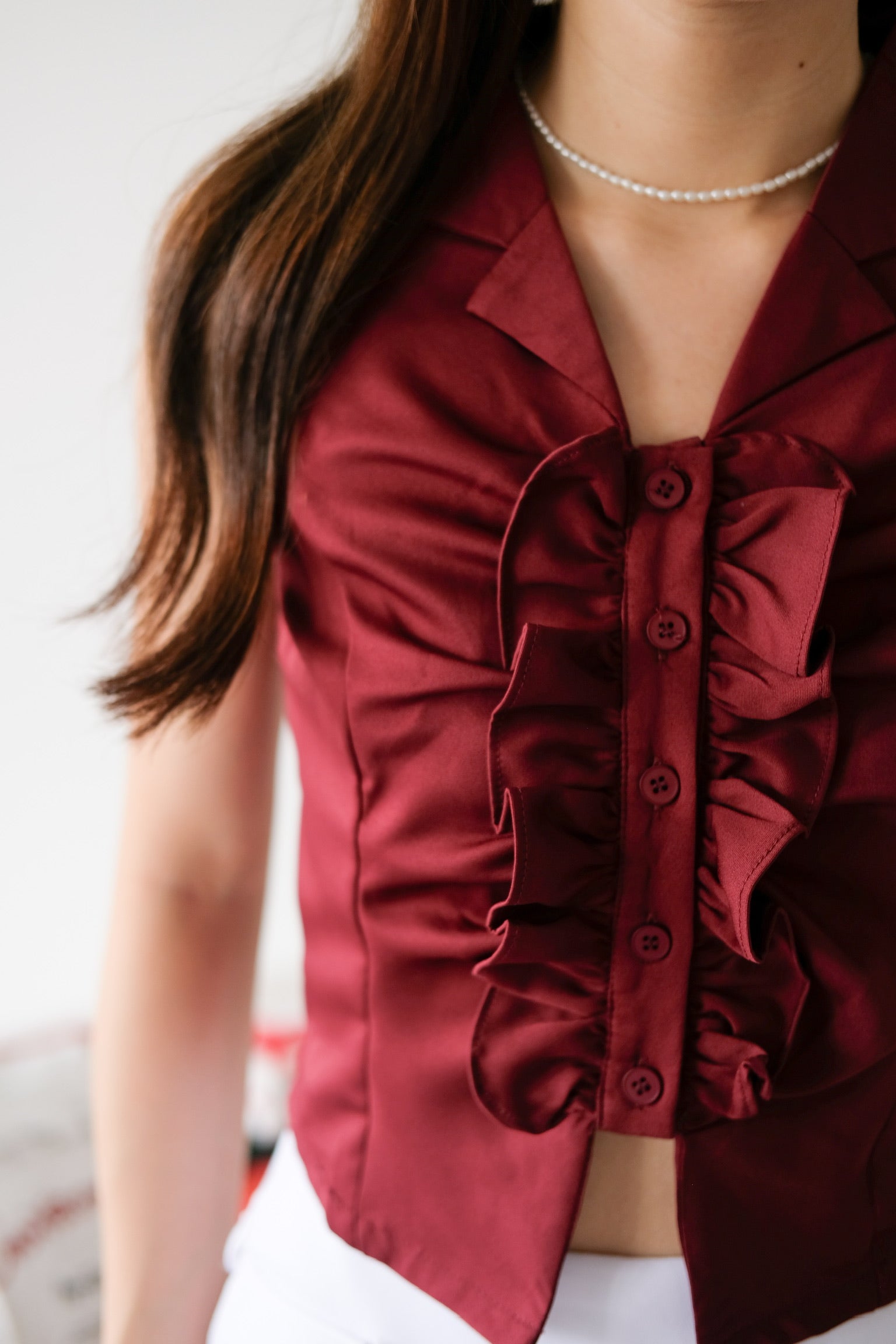 Naru Ruffle Collared Crop Top (Maroon)