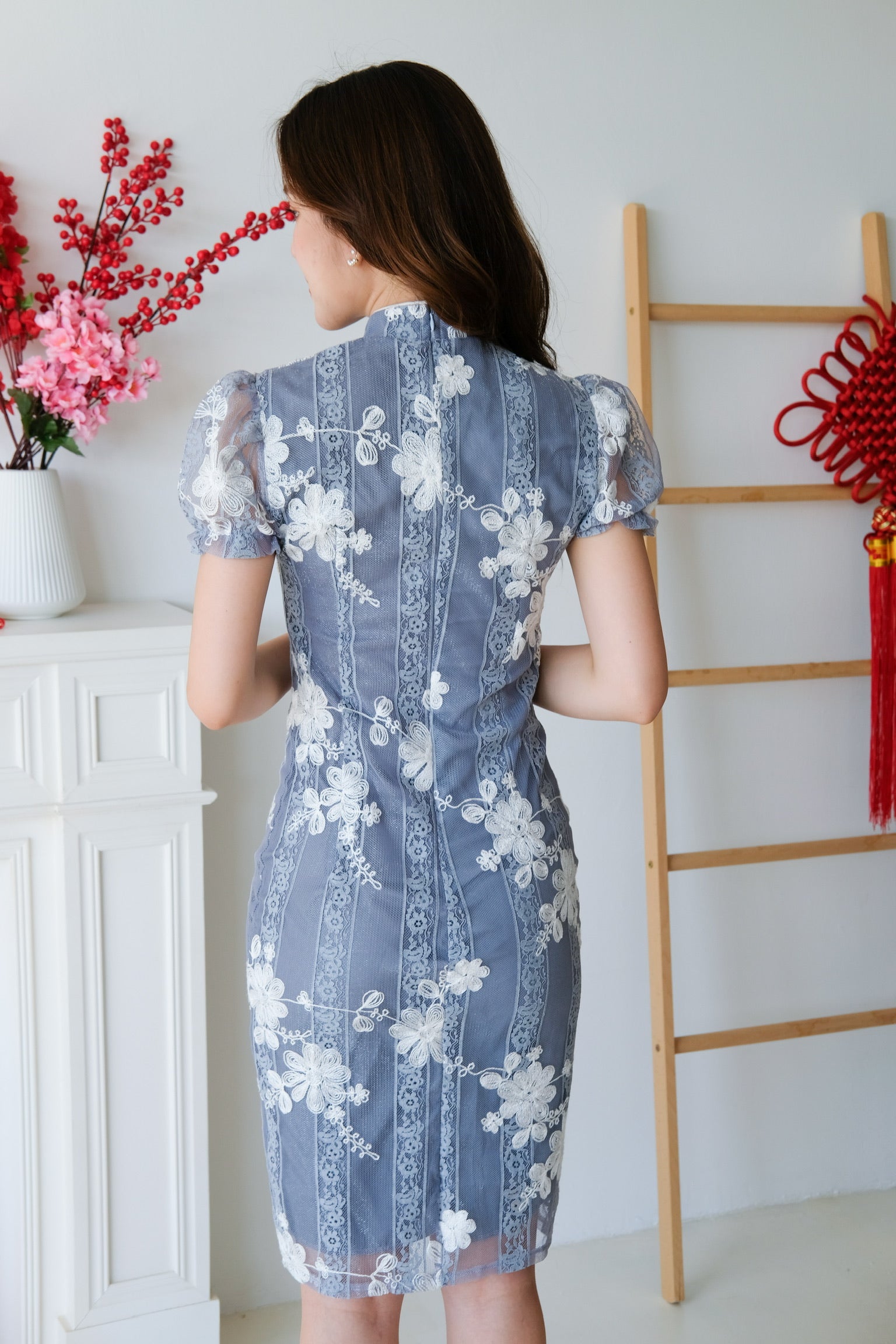 Huey Lace Cheongsam Dress (Dusty Blue)