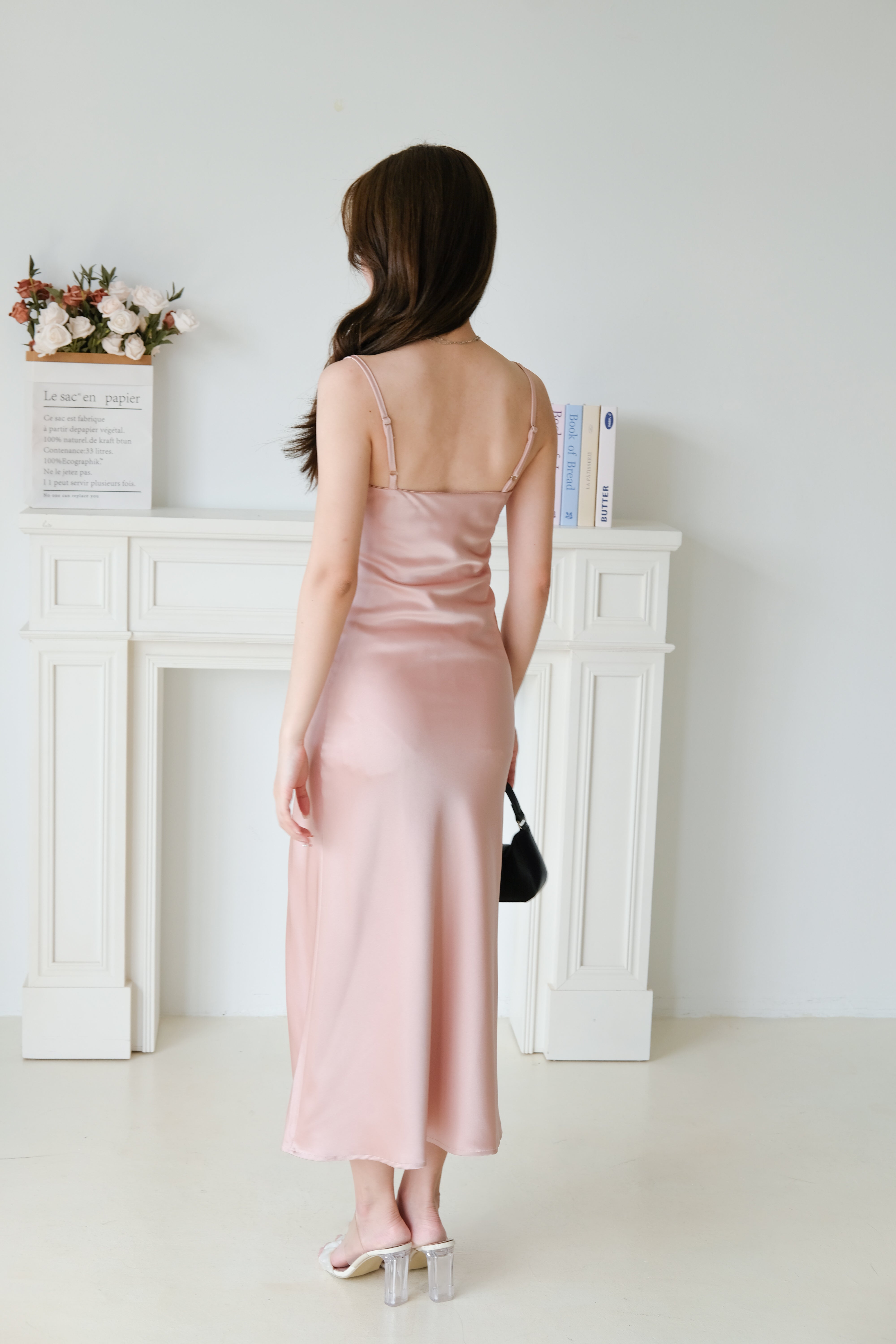 Angel Draped Mermaid Satin Midi Dress (Dusty Pink)