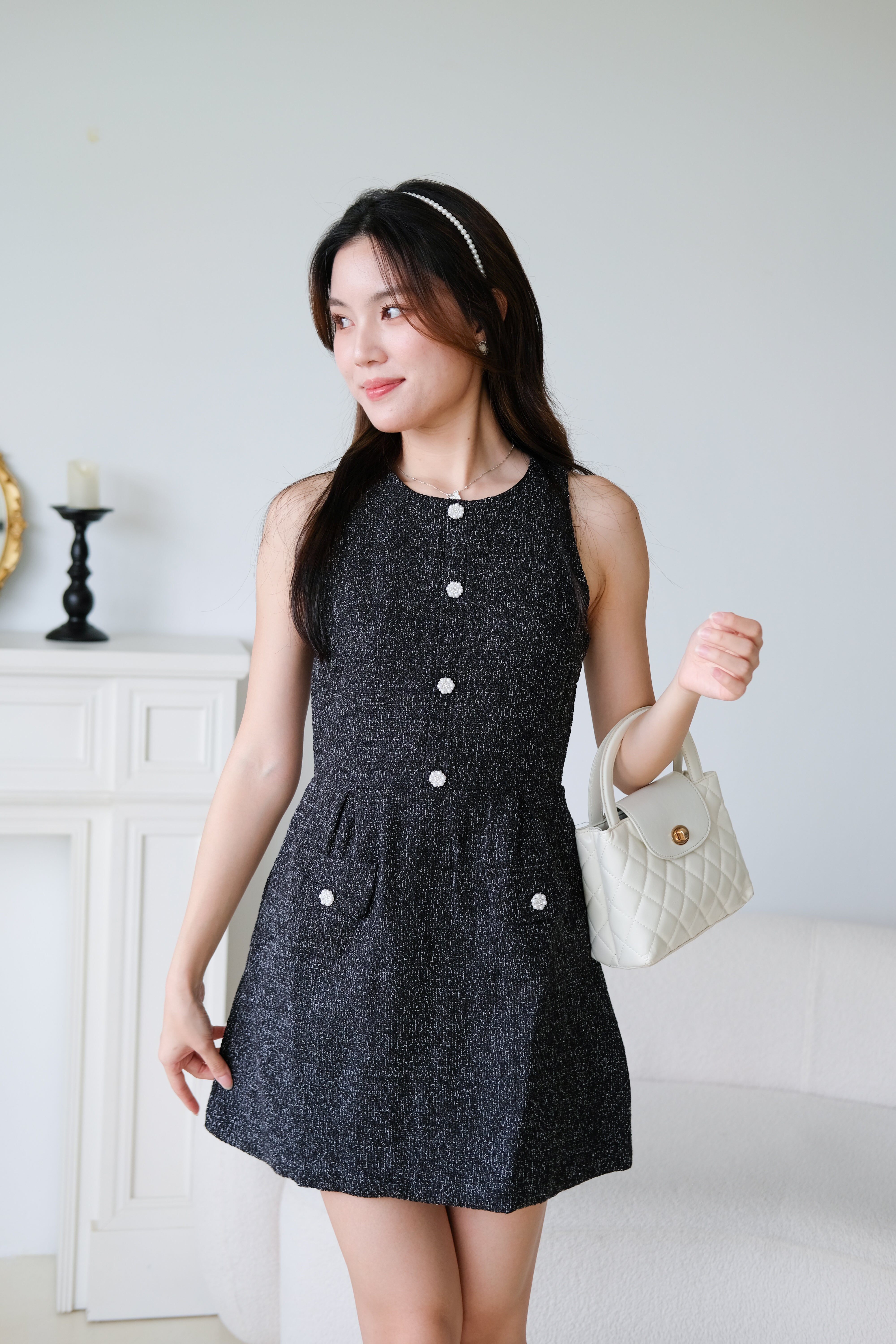 Pearly Tweed Halter Dress (Black)