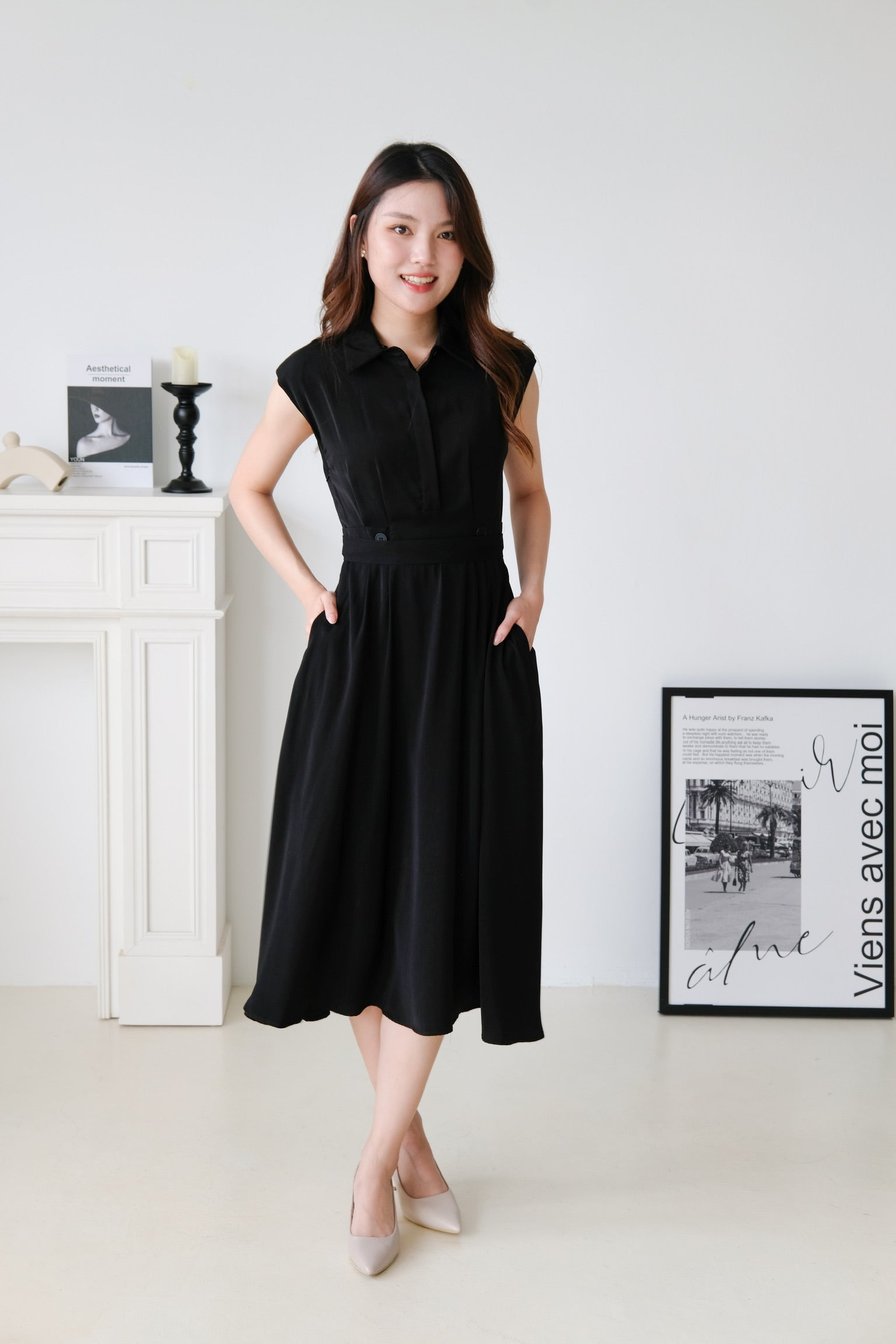 Reina Collared Midaxi Dress (Black)