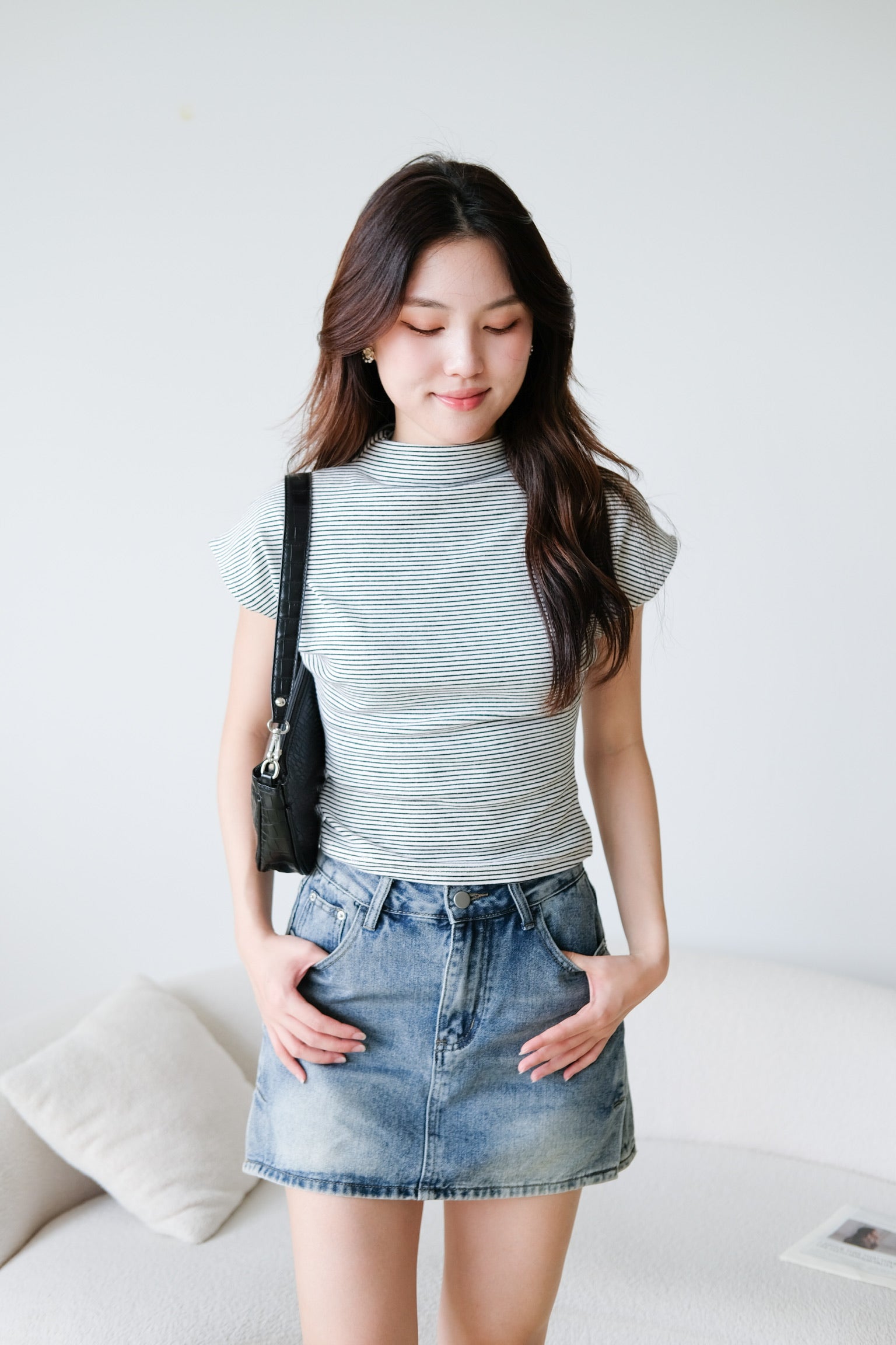Lucca Batwing High Neck Shirt (White Stripes)