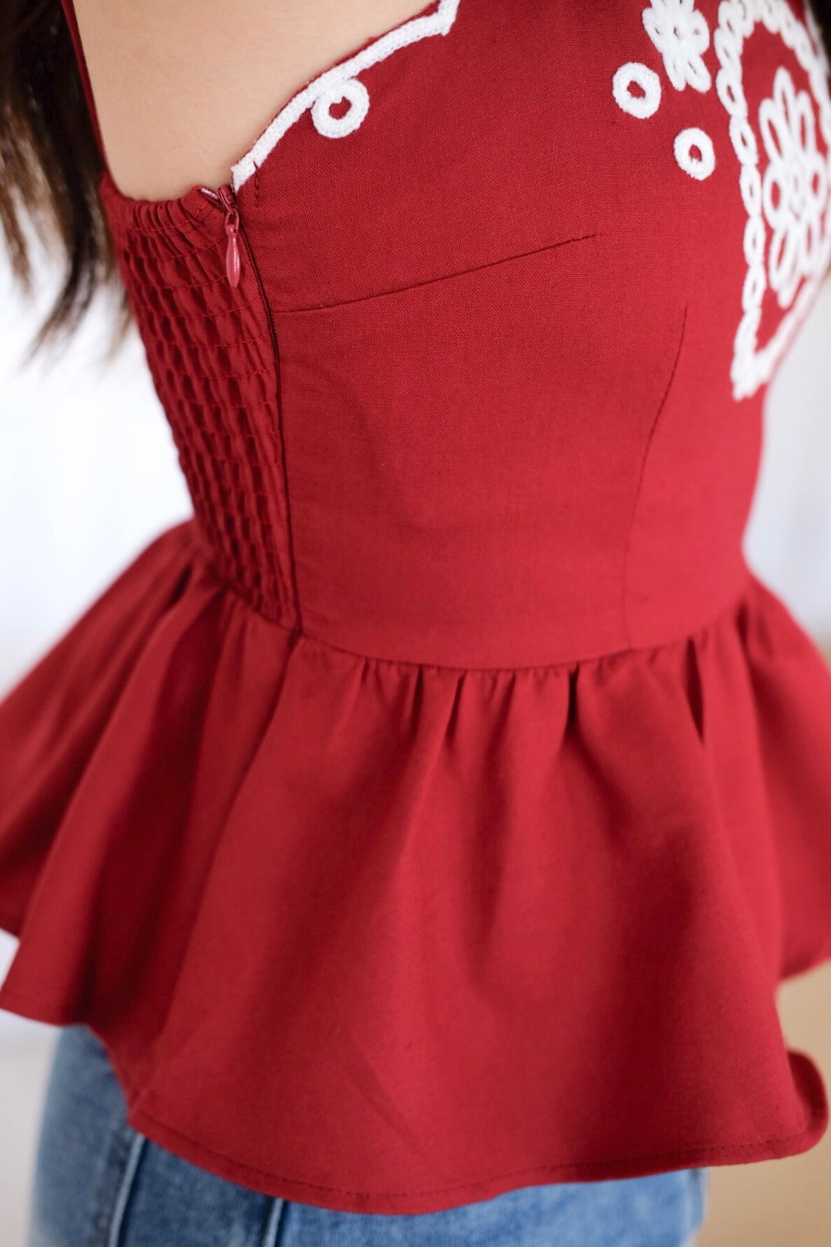 Lyanne Eyelet Linen Peplum Top (Maroon)