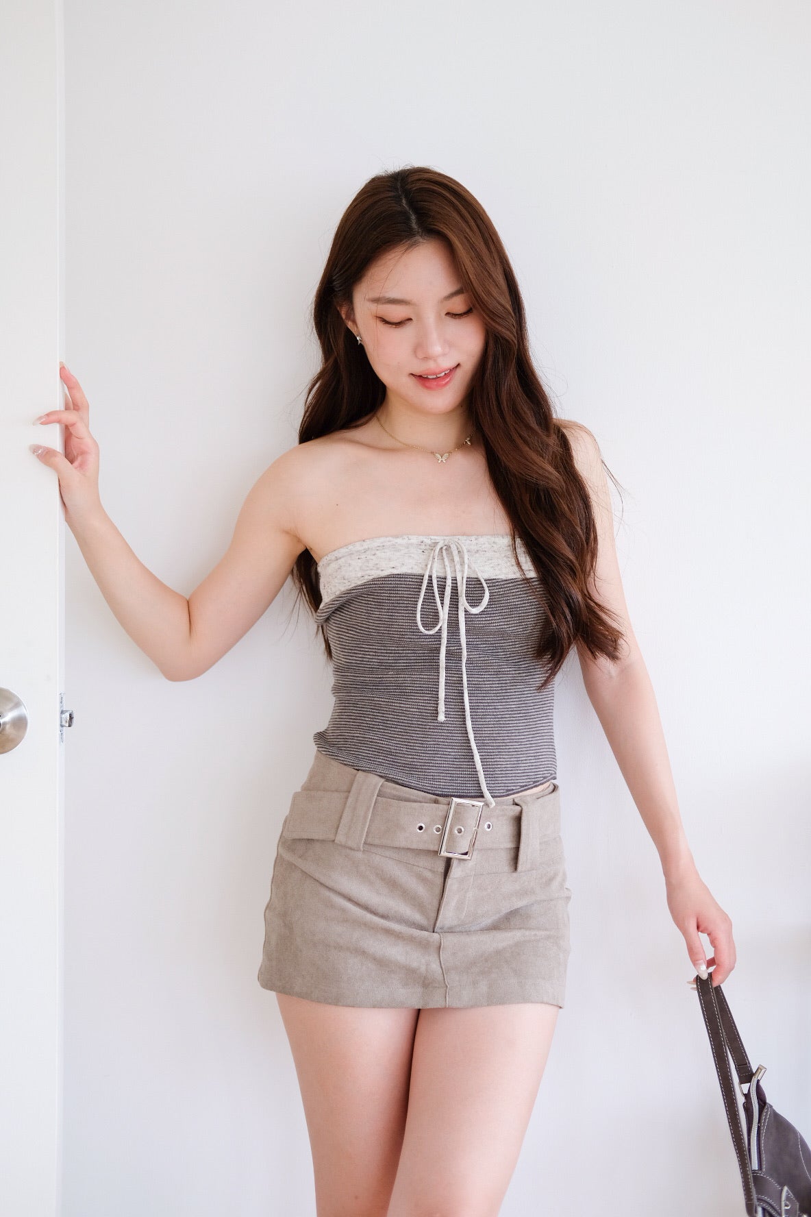 Caitlin Tube Stripes 2 in 1 Cardigan Set (Coffee Brown)